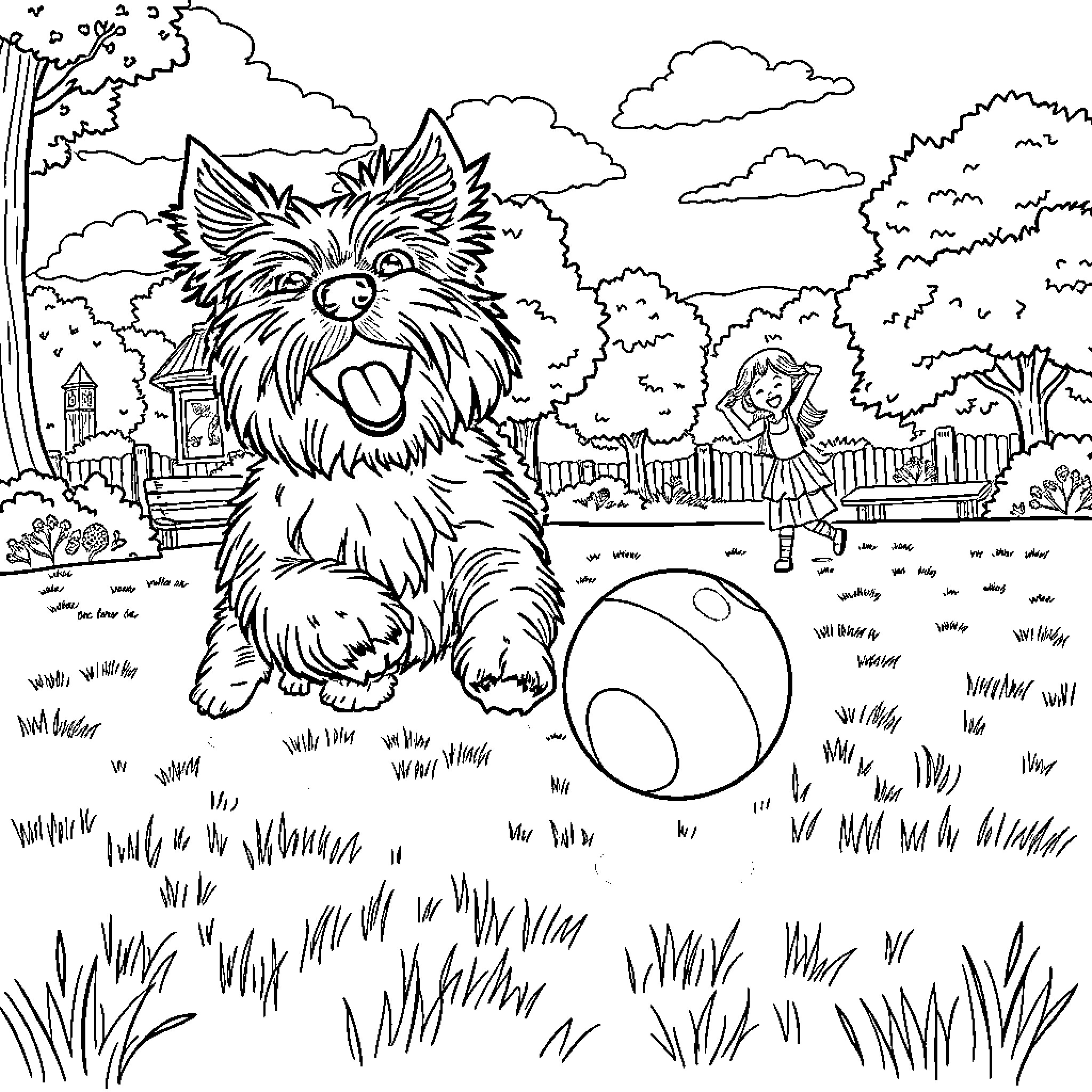 Dandie Dinmont Terrier playing with ball in park Coloring Page (free black-and-white line drawing printable PDF for all, from beginners to advanced learners, including children, teens, adults, and seniors)
