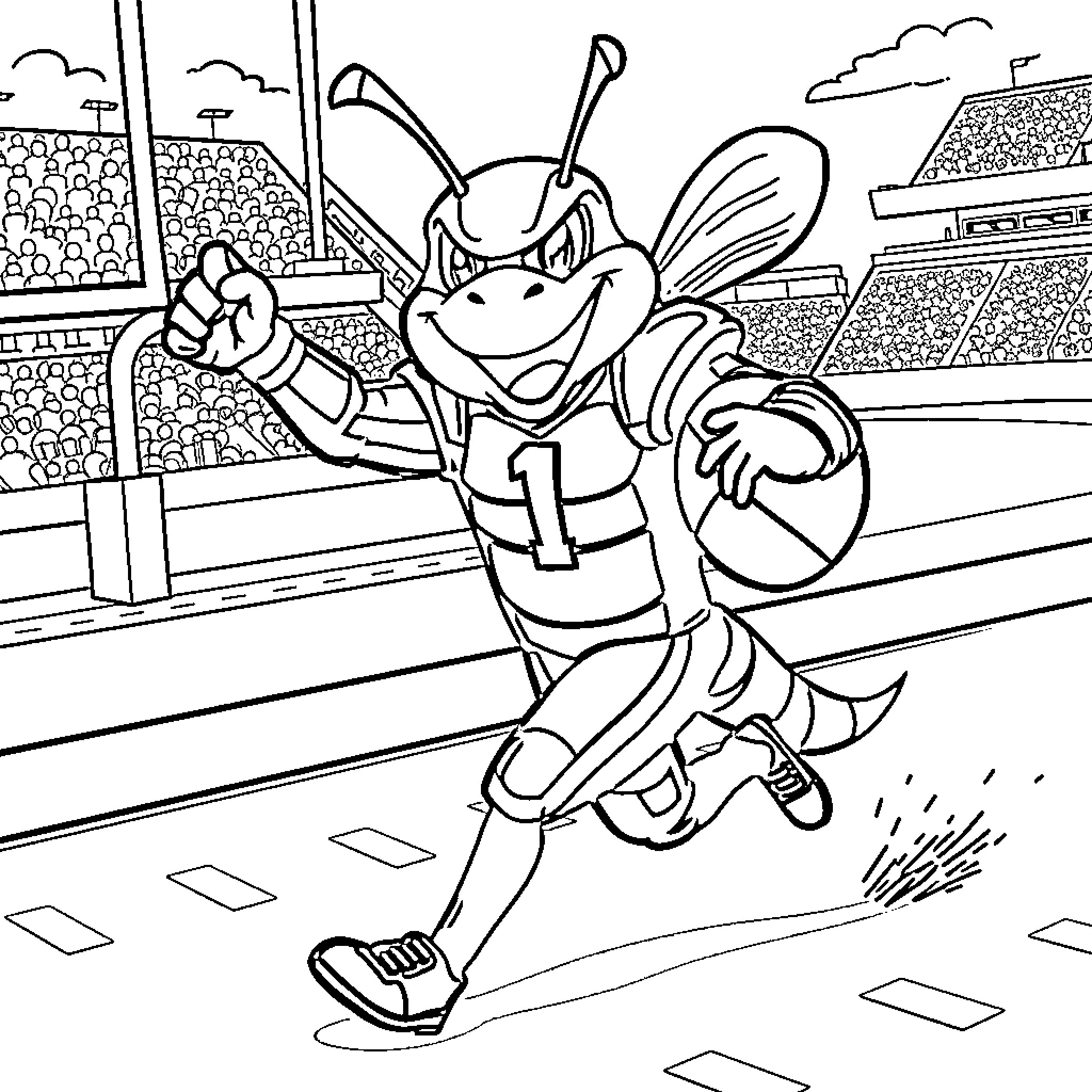 Hornet athlete sprinting on racetrack Coloring Page (free black-and-white line drawing printable PDF for all, from beginners to advanced learners, including children, teens, adults, and seniors)