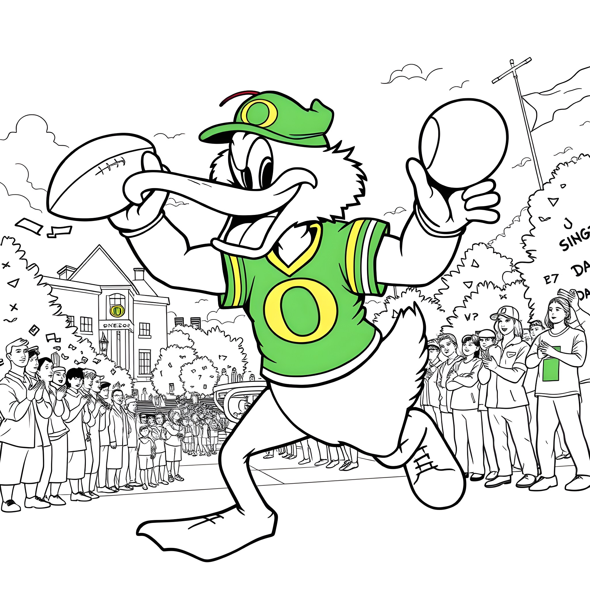 Duck leading a cheering crowd in sports event Coloring Page (free black-and-white line drawing printable PDF for all, from beginners to advanced learners, including children, teens, adults, and seniors)