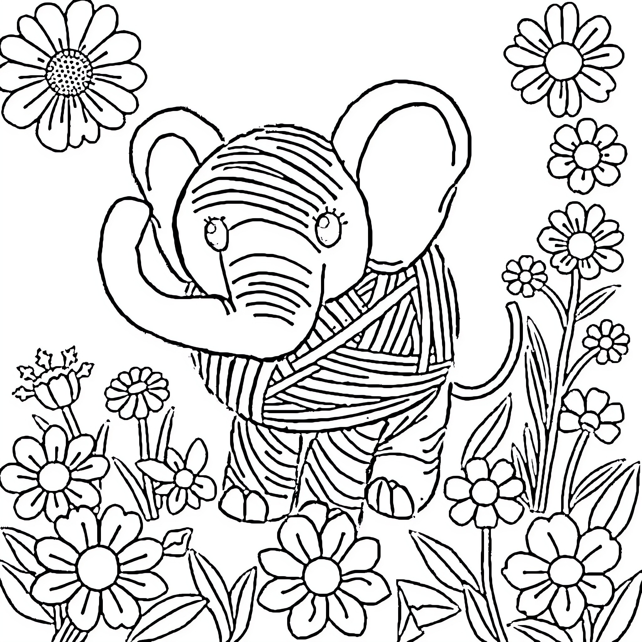 Elephant surrounded by whimsical flowers Coloring Page (free black-and-white line drawing printable PDF for all, from beginners to advanced learners, including children, teens, adults, and seniors)