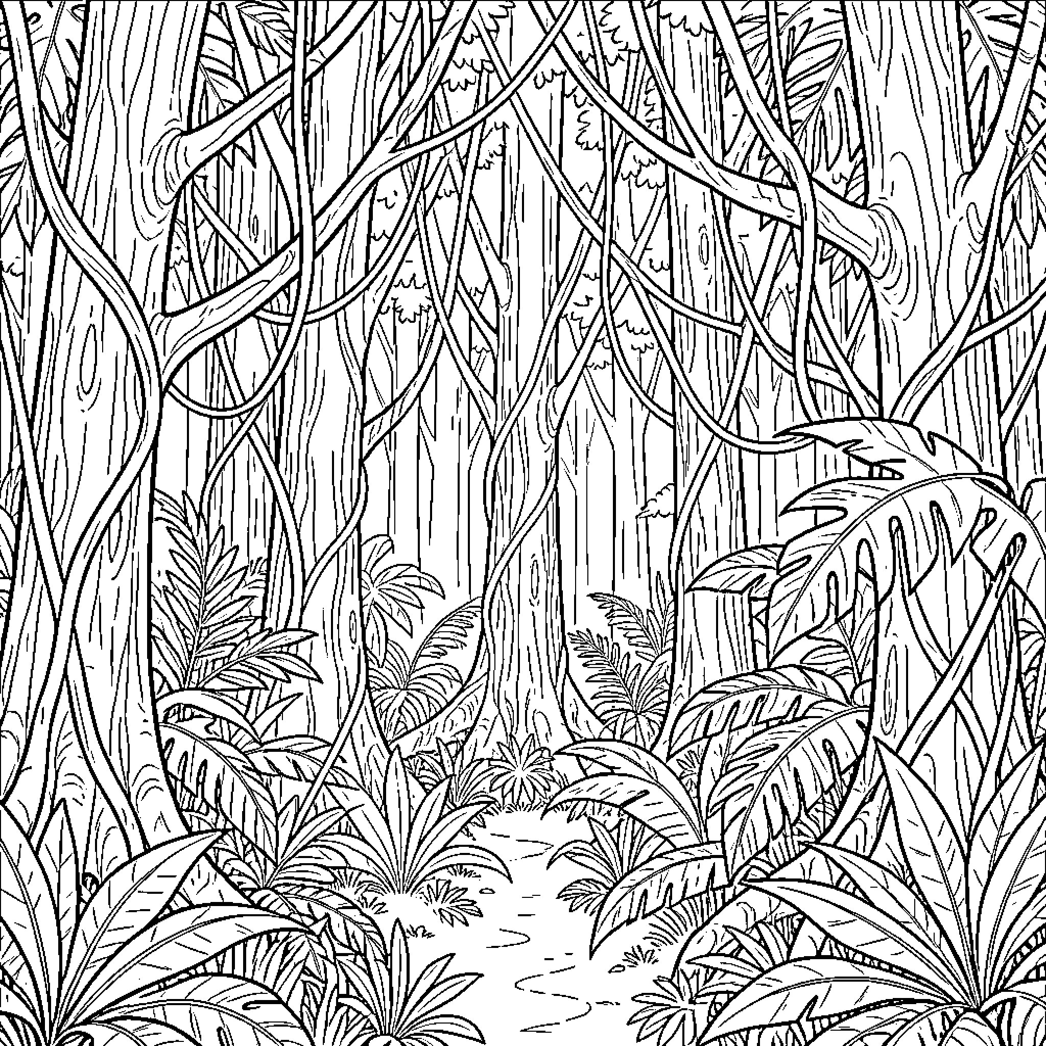 Jungle scene with dense trees and tropical foliage Coloring Page (free black-and-white line drawing printable PDF for all, from beginners to advanced learners, including children, teens, adults, and seniors)
