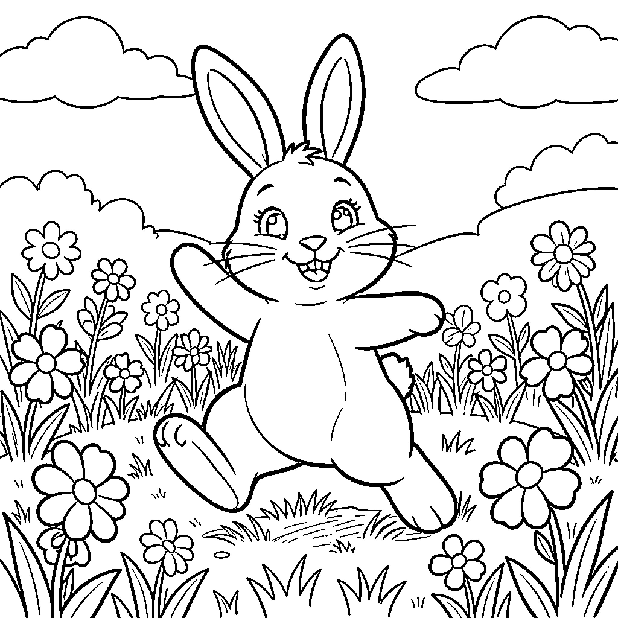 Easter Bunny happily frolicking in a flower-filled meadow Coloring Page (free black-and-white line drawing printable PDF for all, from beginners to advanced learners, including children, teens, adults, and seniors)
