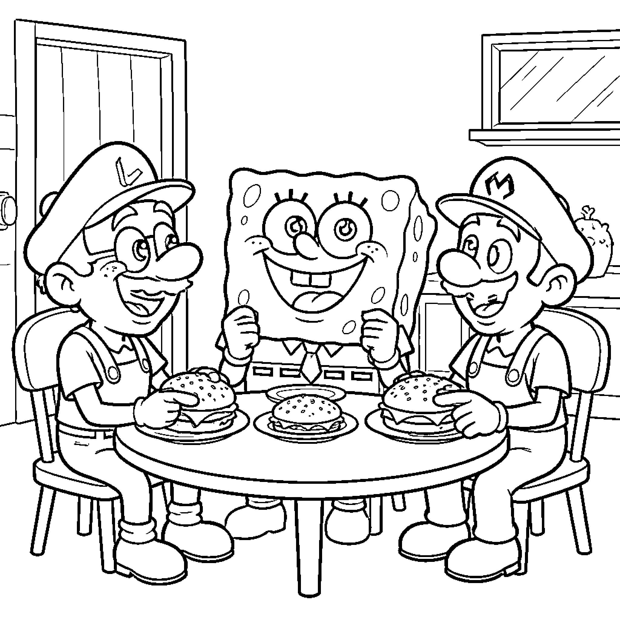 Spongebob and Mario characters eating burgers at a table Coloring Page (free black-and-white line drawing printable PDF for all, from beginners to advanced learners, including children, teens, adults, and seniors)