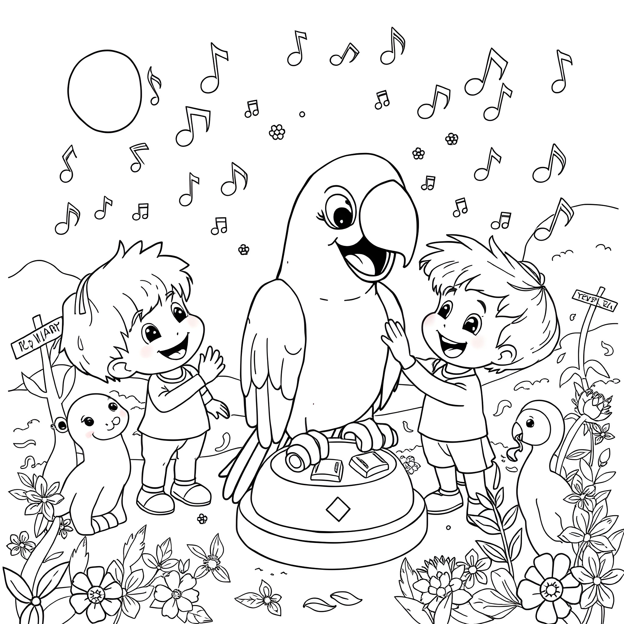 Einstein enjoying lively music with friends in nature Coloring Page (free black-and-white line drawing printable PDF for all, from beginners to advanced learners, including children, teens, adults, and seniors)