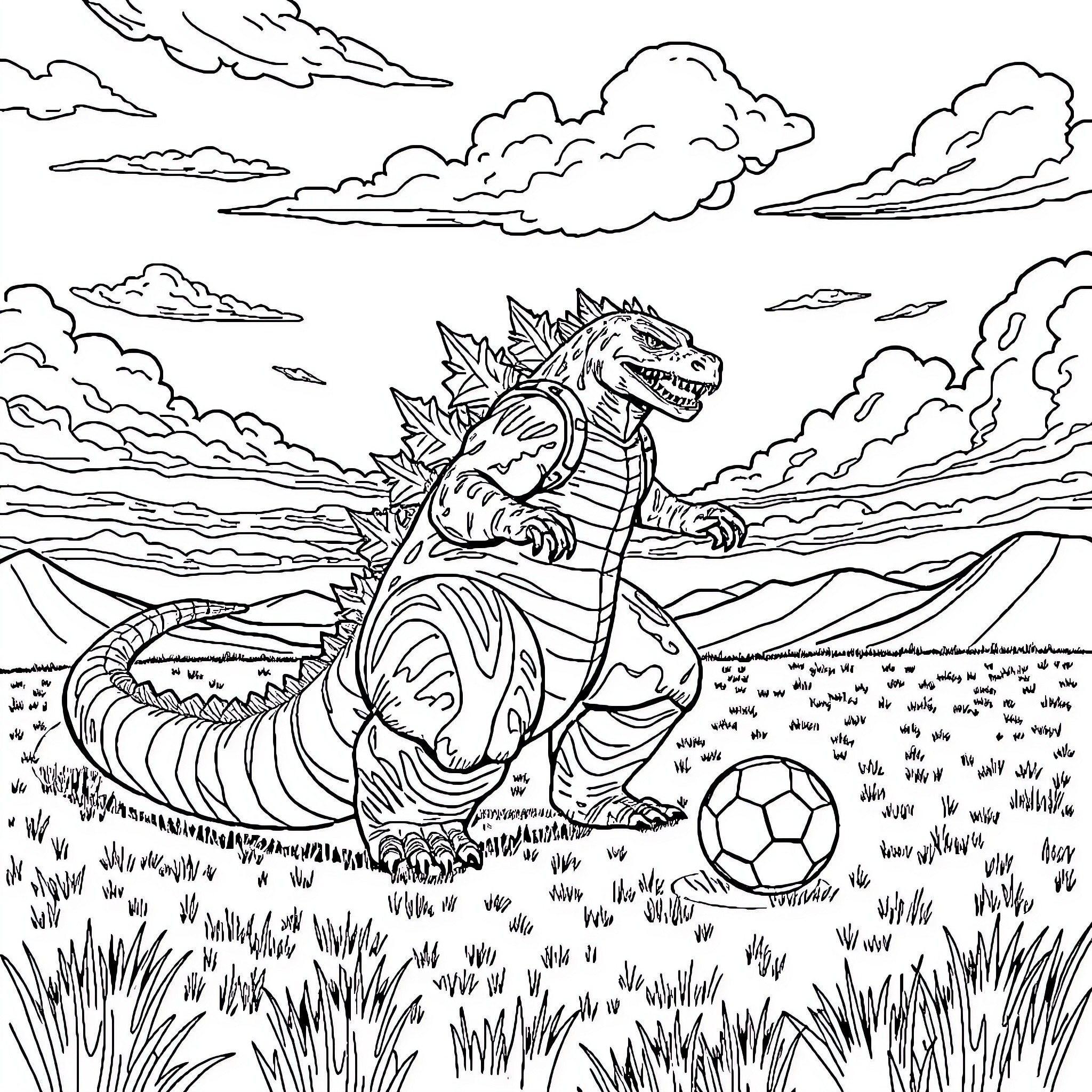Godzilla playing with a soccer ball in the countryside Coloring Page (free black-and-white line drawing printable PDF for all, from beginners to advanced learners, including children, teens, adults, and seniors)