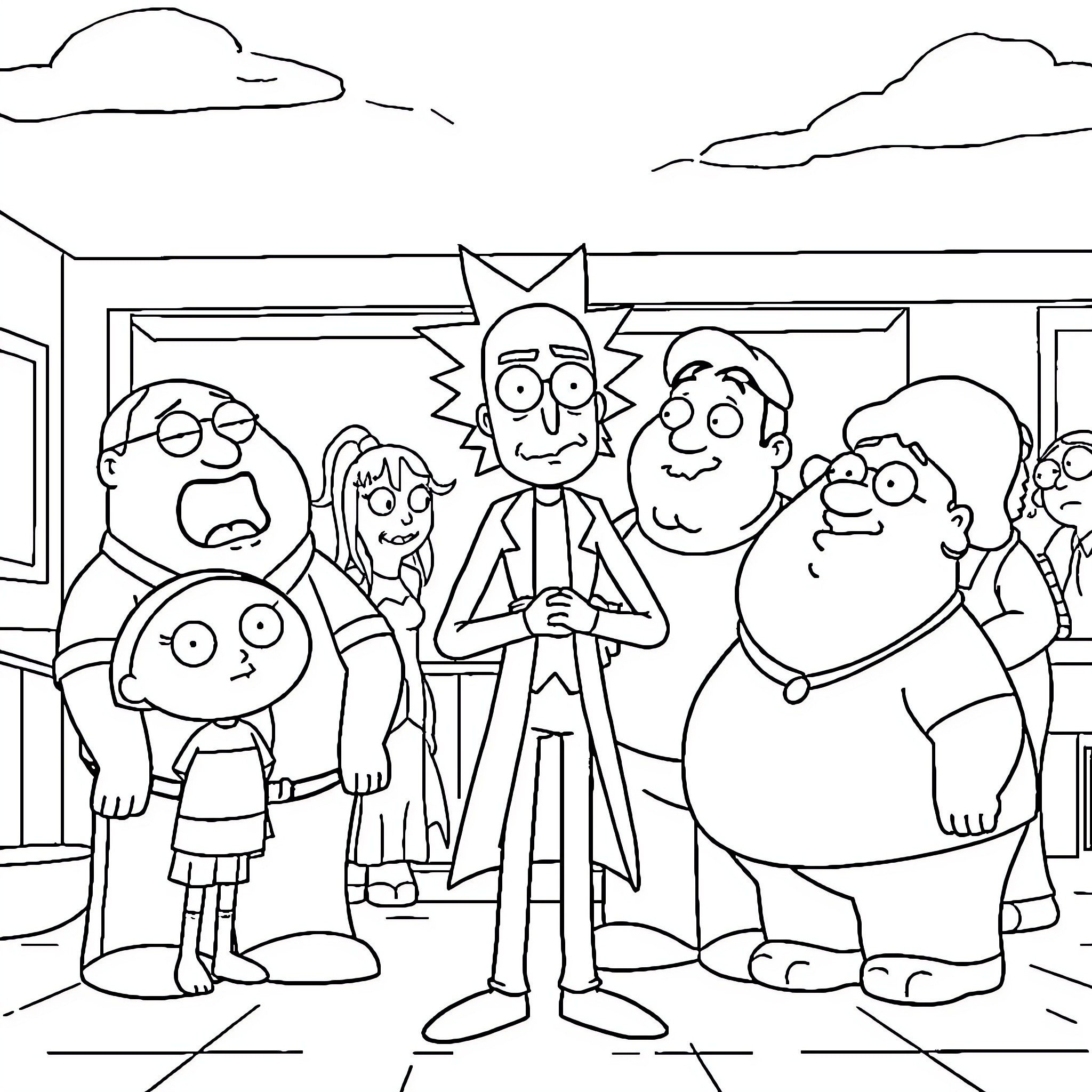 Rick And Morty Family In Quirky Poses Coloring Page (free black-and-white line drawing printable PDF for all, from beginners to advanced learners, including children, teens, adults, and seniors)