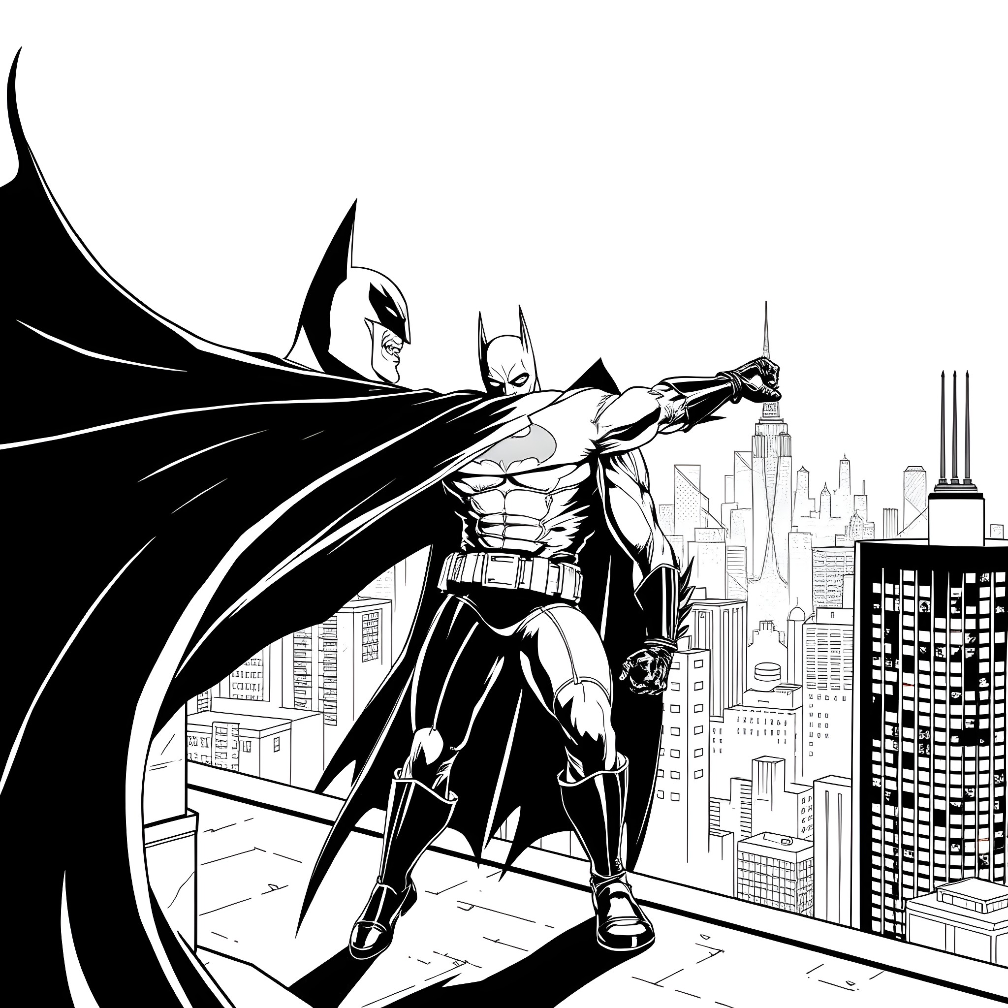 Bane in the city skyline Coloring Page (free black-and-white line drawing printable PDF for all, from beginners to advanced learners, including children, teens, adults, and seniors)