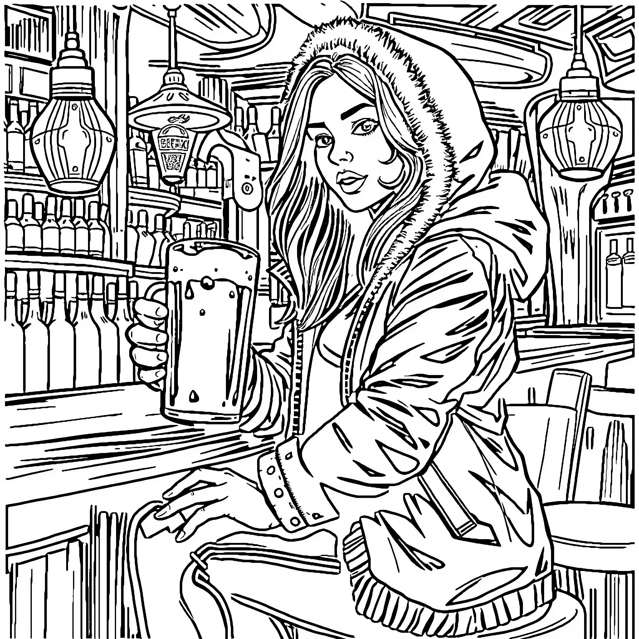Parka-clad figure enjoying a drink at the bar Coloring Page (free black-and-white line drawing printable PDF for all, from beginners to advanced learners, including children, teens, adults, and seniors)