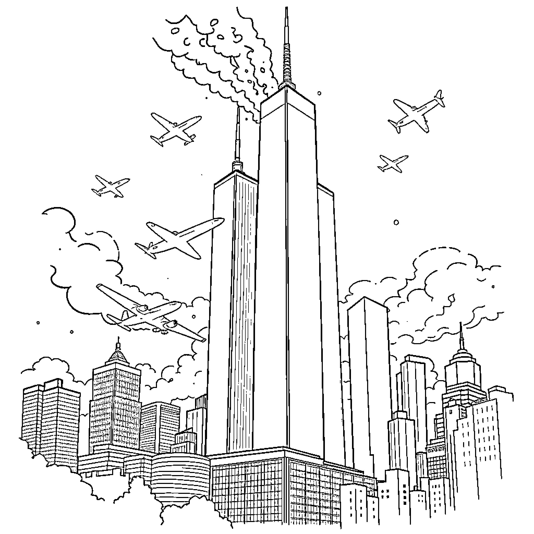 9/11 New York City Skyline with Skyscrapers and Planes Coloring Page (free black-and-white line drawing printable PDF for all, from beginners to advanced learners, including children, teens, adults, and seniors)