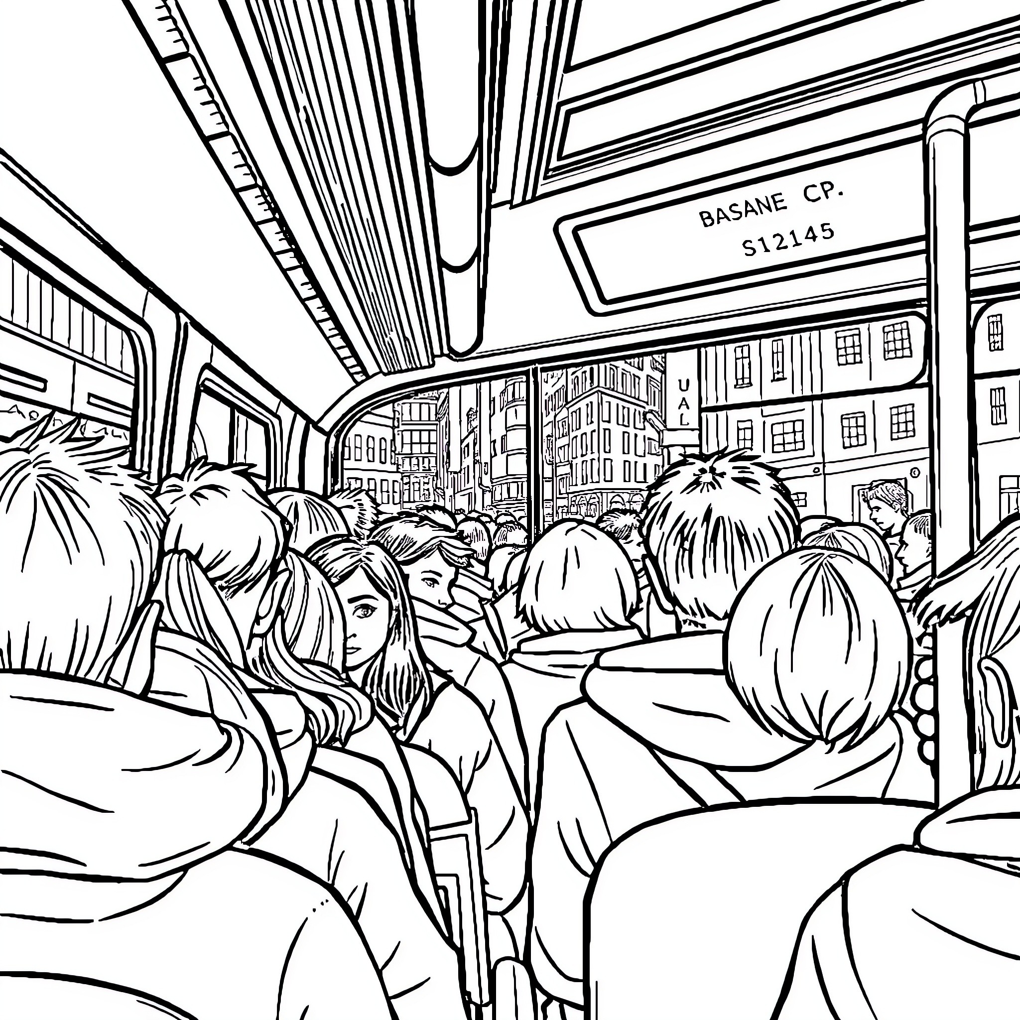 Bus full of passengers on daily commute Coloring Page (free black-and-white line drawing printable PDF for all, from beginners to advanced learners, including children, teens, adults, and seniors)