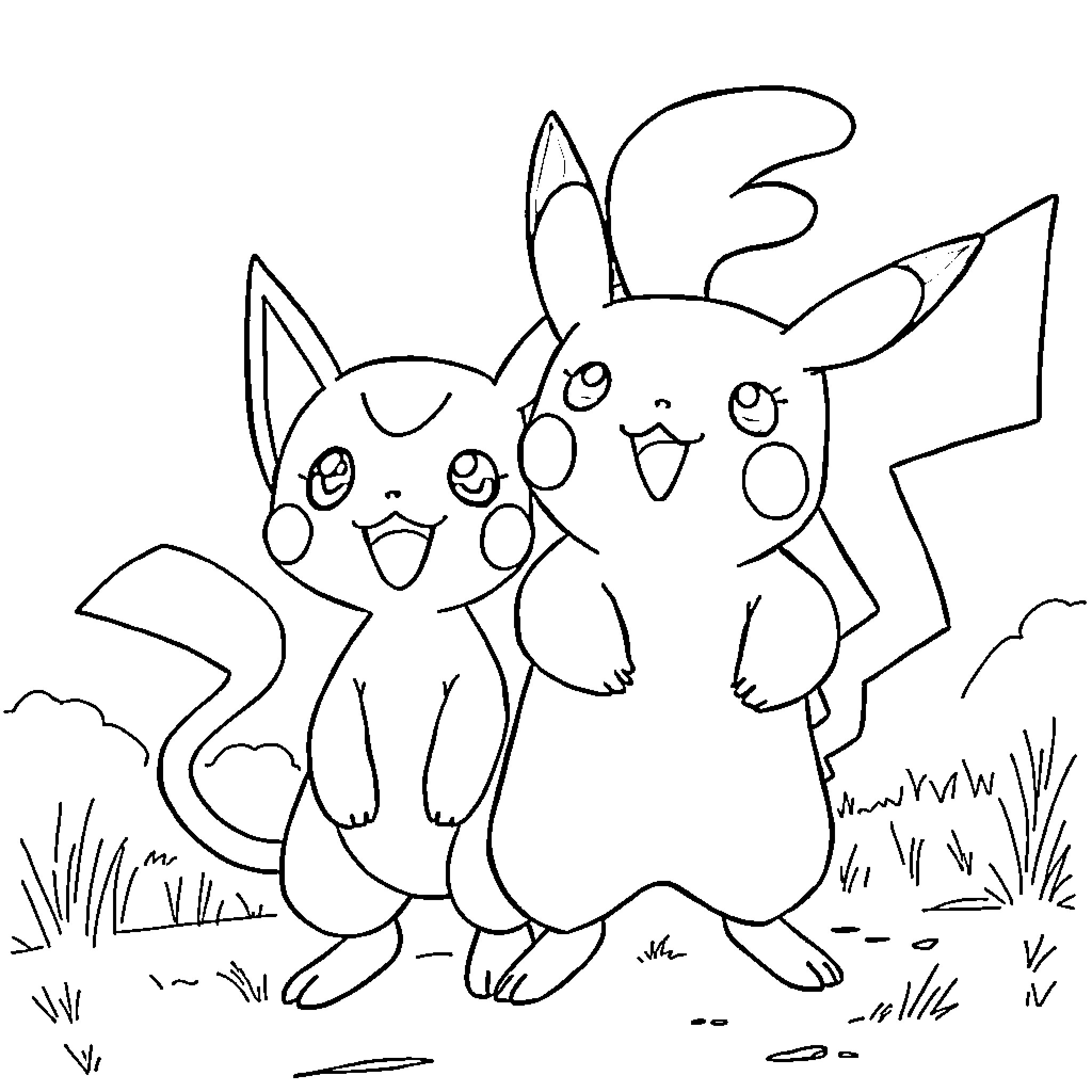 Pikachu and Pichu playing together in the outdoors Coloring Page (free black-and-white line drawing printable PDF for all, from beginners to advanced learners, including children, teens, adults, and seniors)