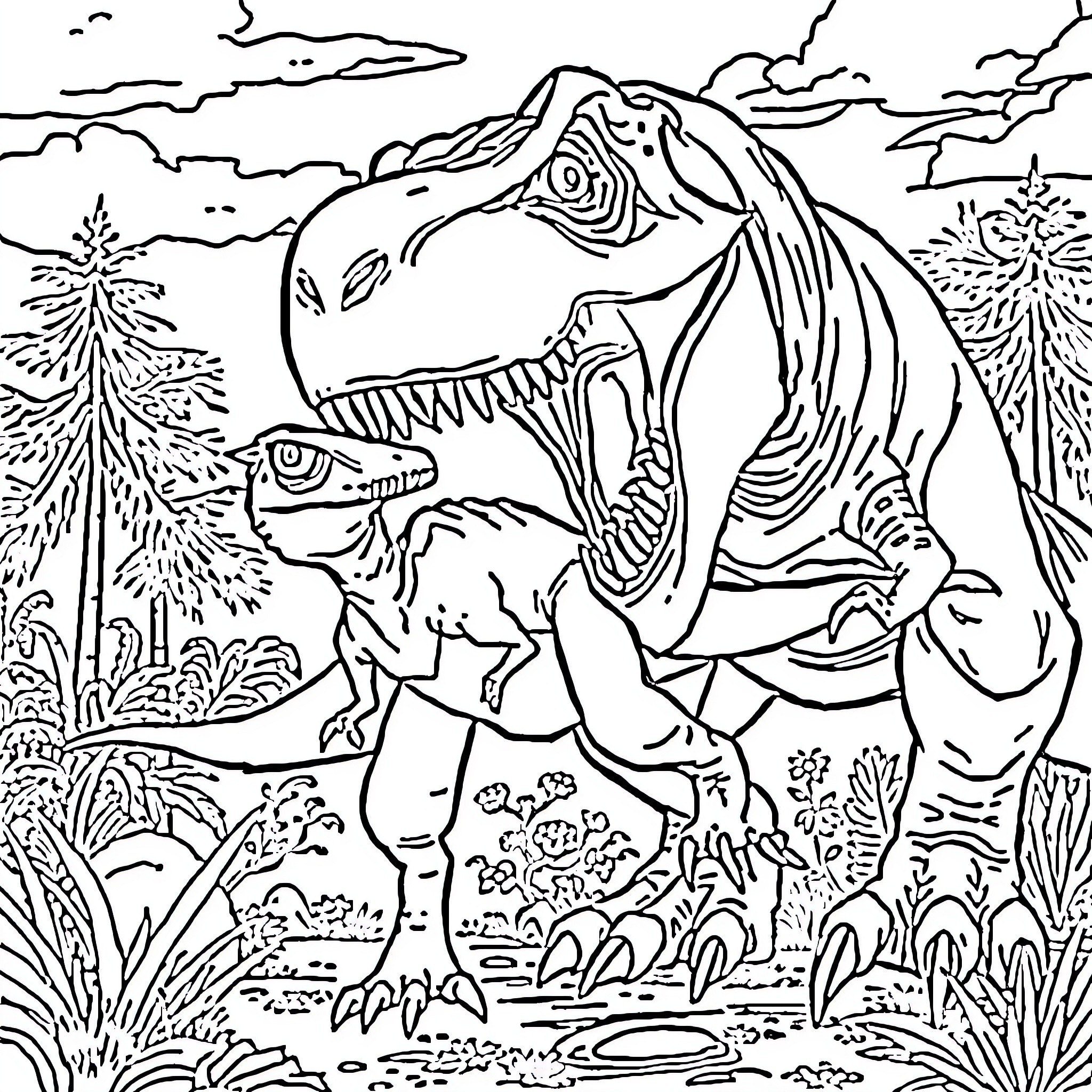 Raptor Dinosaurs Roaming in Prehistoric Landscape Coloring Page (free black-and-white line drawing printable PDF for all, from beginners to advanced learners, including children, teens, adults, and seniors)