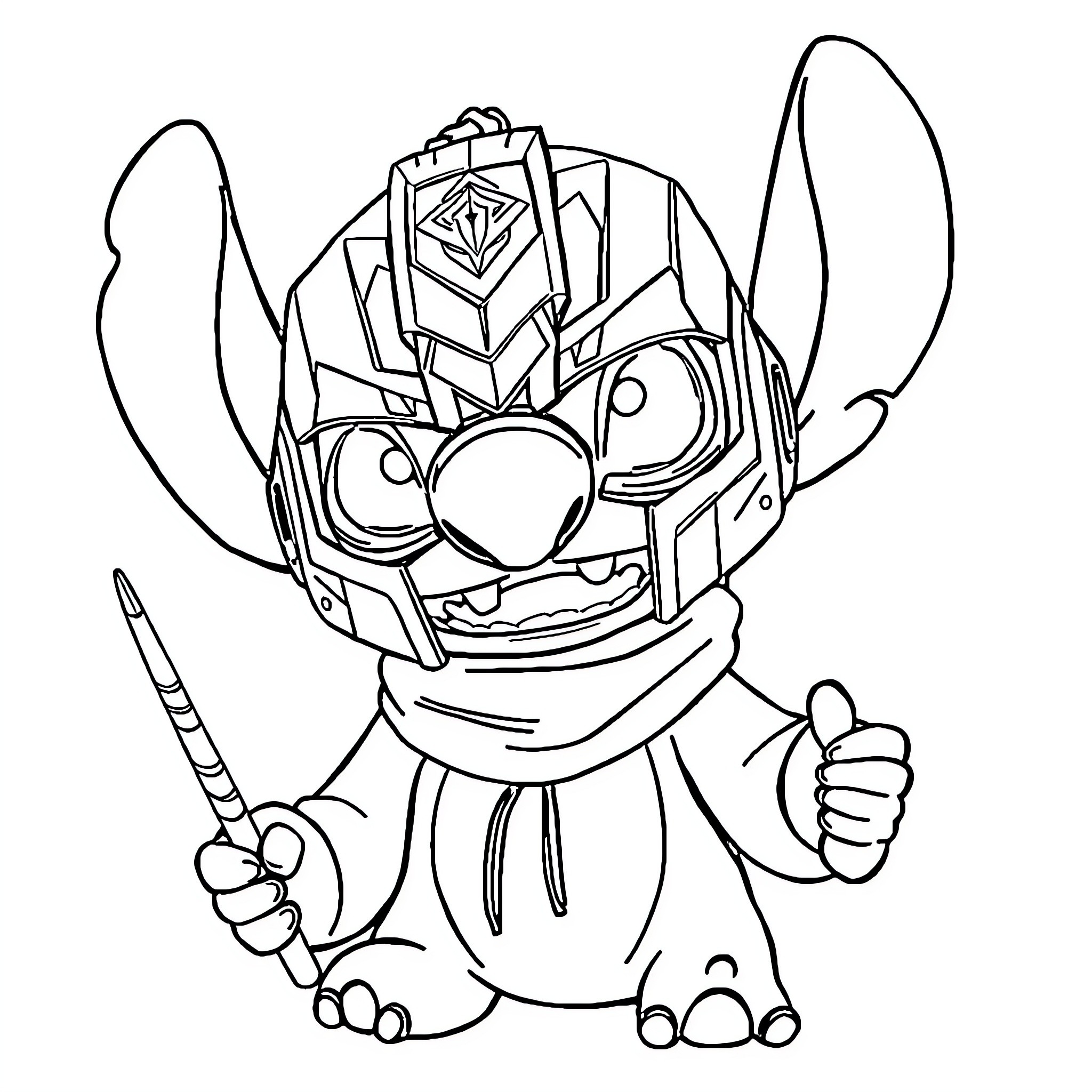 Stitch Wielding a Futuristic Weapon Coloring Page (free black-and-white line drawing printable PDF for all, from beginners to advanced learners, including children, teens, adults, and seniors)