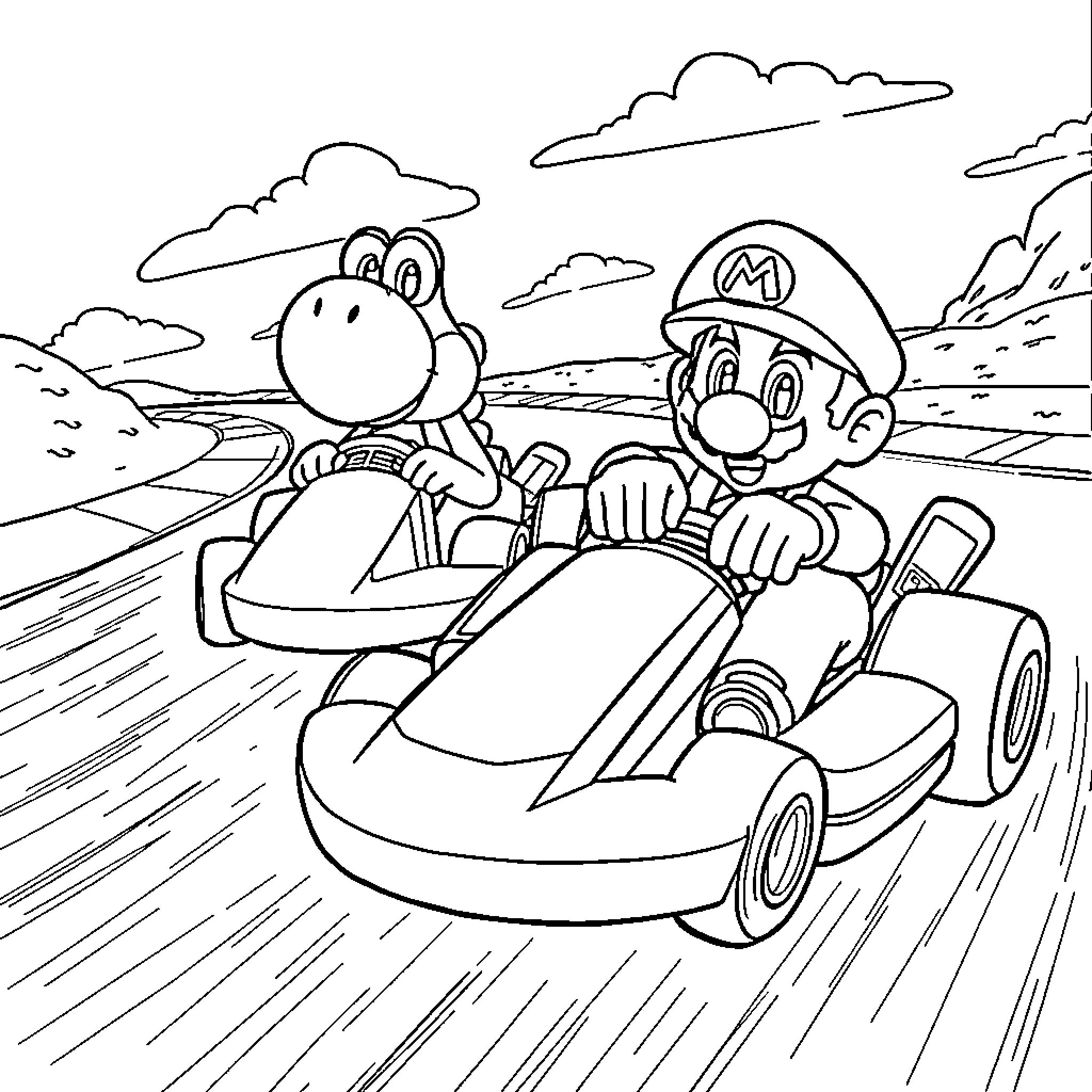 Mario and Yoshi in a racing kart on the road Coloring Page (free black-and-white line drawing printable PDF for all, from beginners to advanced learners, including children, teens, adults, and seniors)