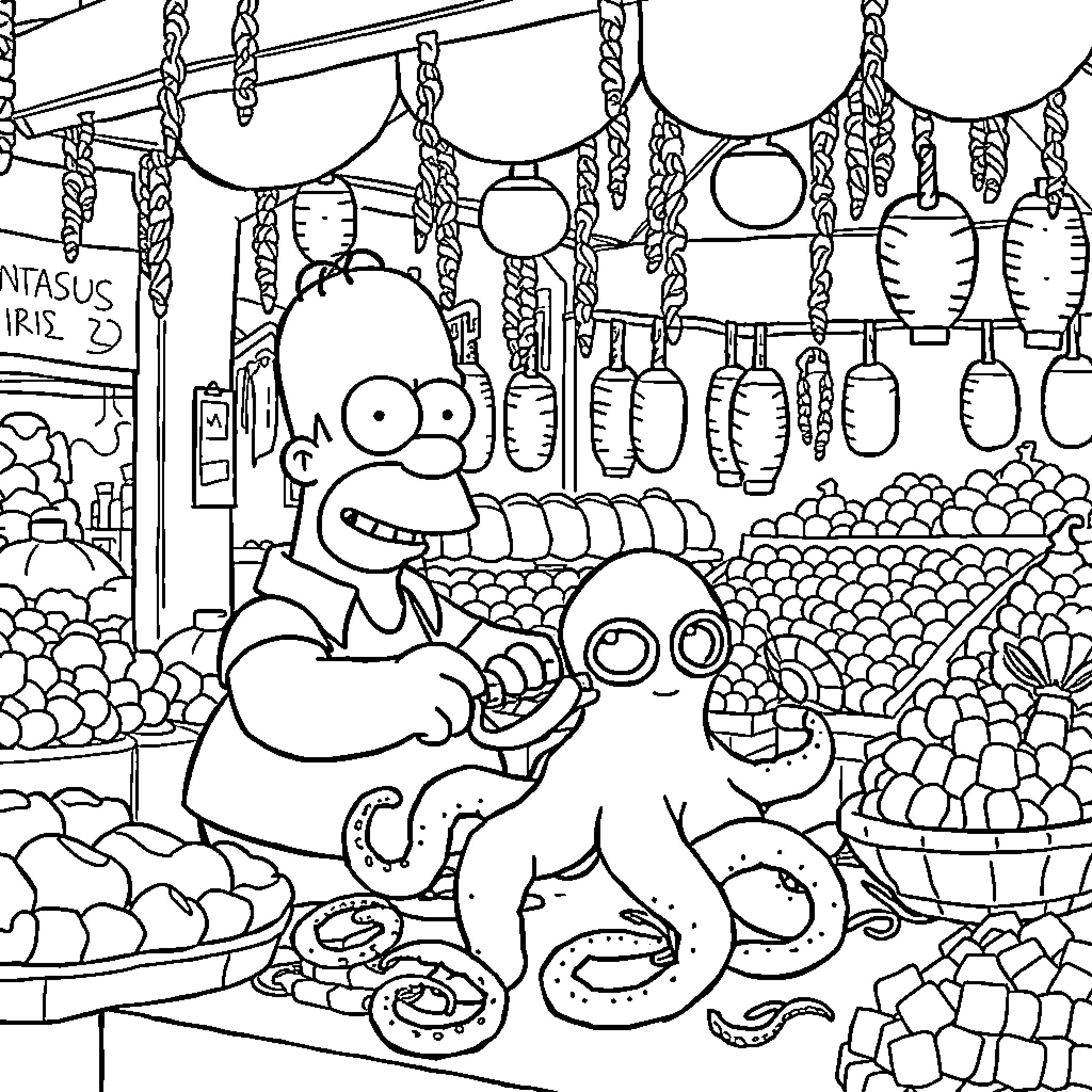Homer Simpson exploring a whimsical market scene Coloring Page (free black-and-white line drawing printable PDF for all, from beginners to advanced learners, including children, teens, adults, and seniors)