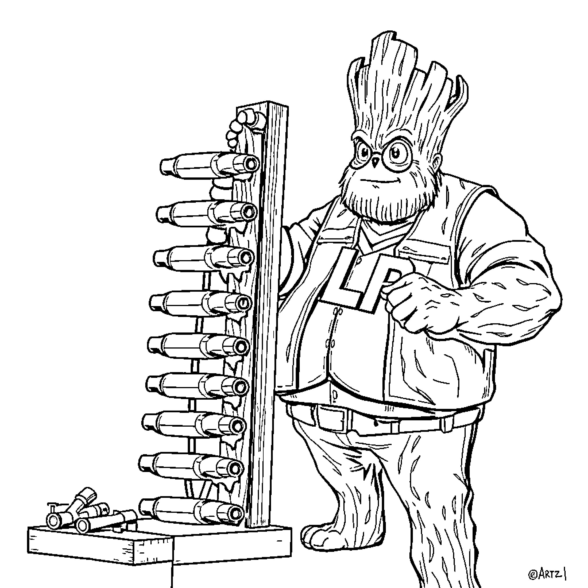 Groot's Handy Workshop Filled with Tools Coloring Page (free black-and-white line drawing printable PDF for all, from beginners to advanced learners, including children, teens, adults, and seniors)