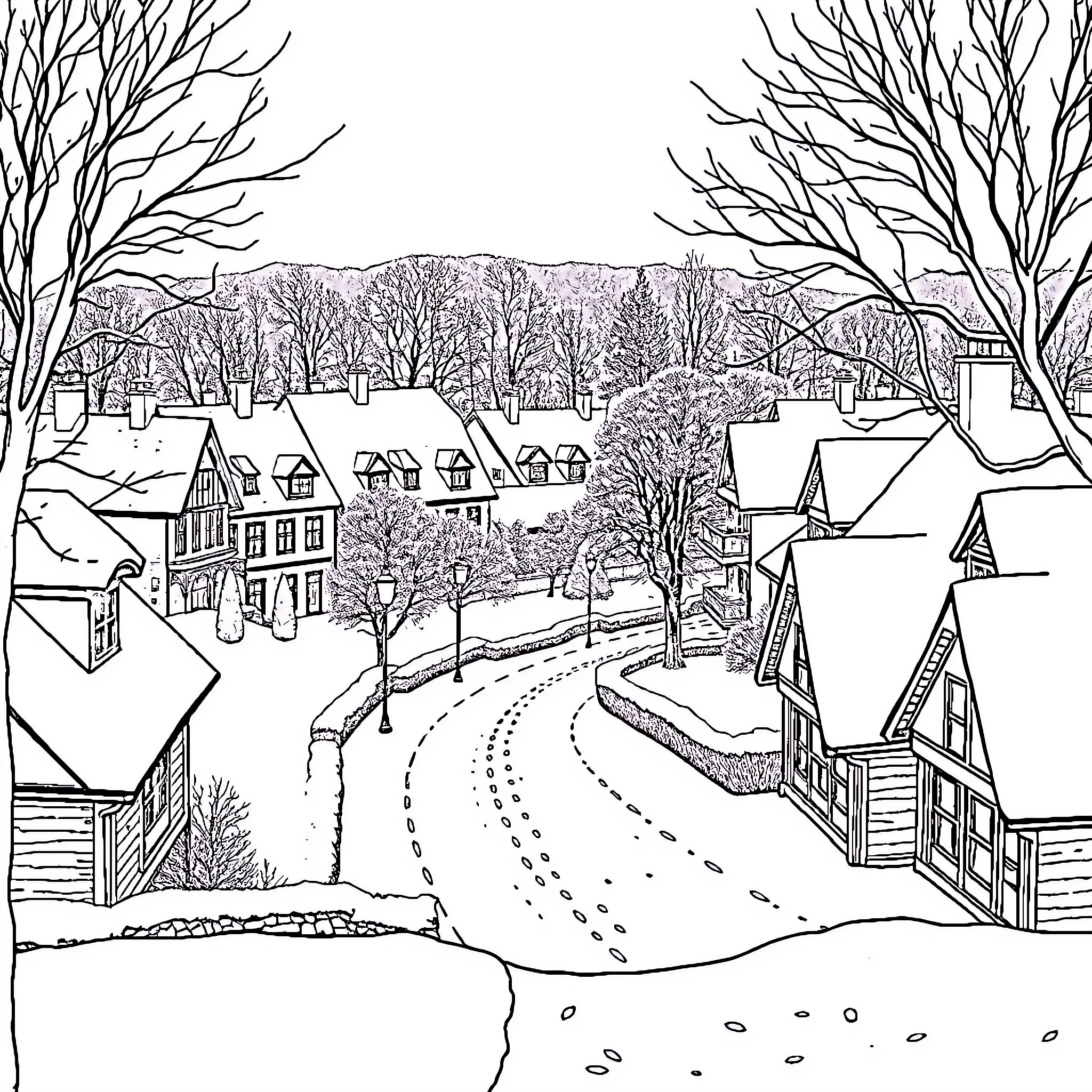 Epernay: Charming Winter Wonderland Village Scene Coloring Page (free black-and-white line drawing printable PDF for all, from beginners to advanced learners, including children, teens, adults, and seniors)