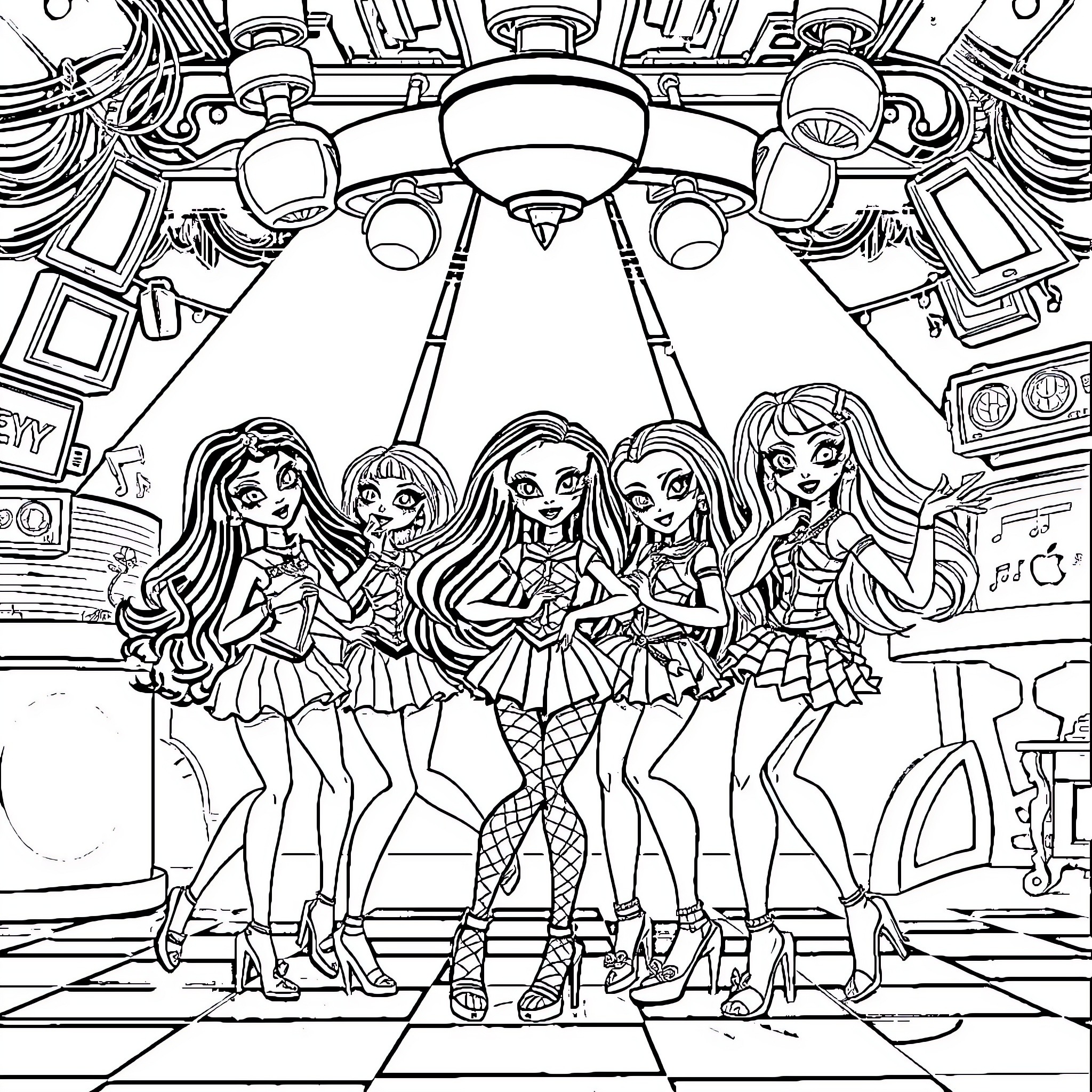 Monster High Characters Enjoying the Spotlight Coloring Page (free black-and-white line drawing printable PDF for all, from beginners to advanced learners, including children, teens, adults, and seniors)
