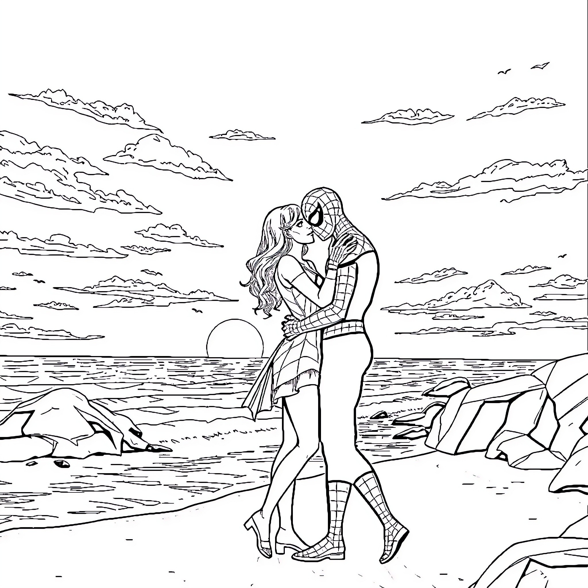 Spider-Man embracing a loved one on the beach Coloring Page (free black-and-white line drawing printable PDF for all, from beginners to advanced learners, including children, teens, adults, and seniors)