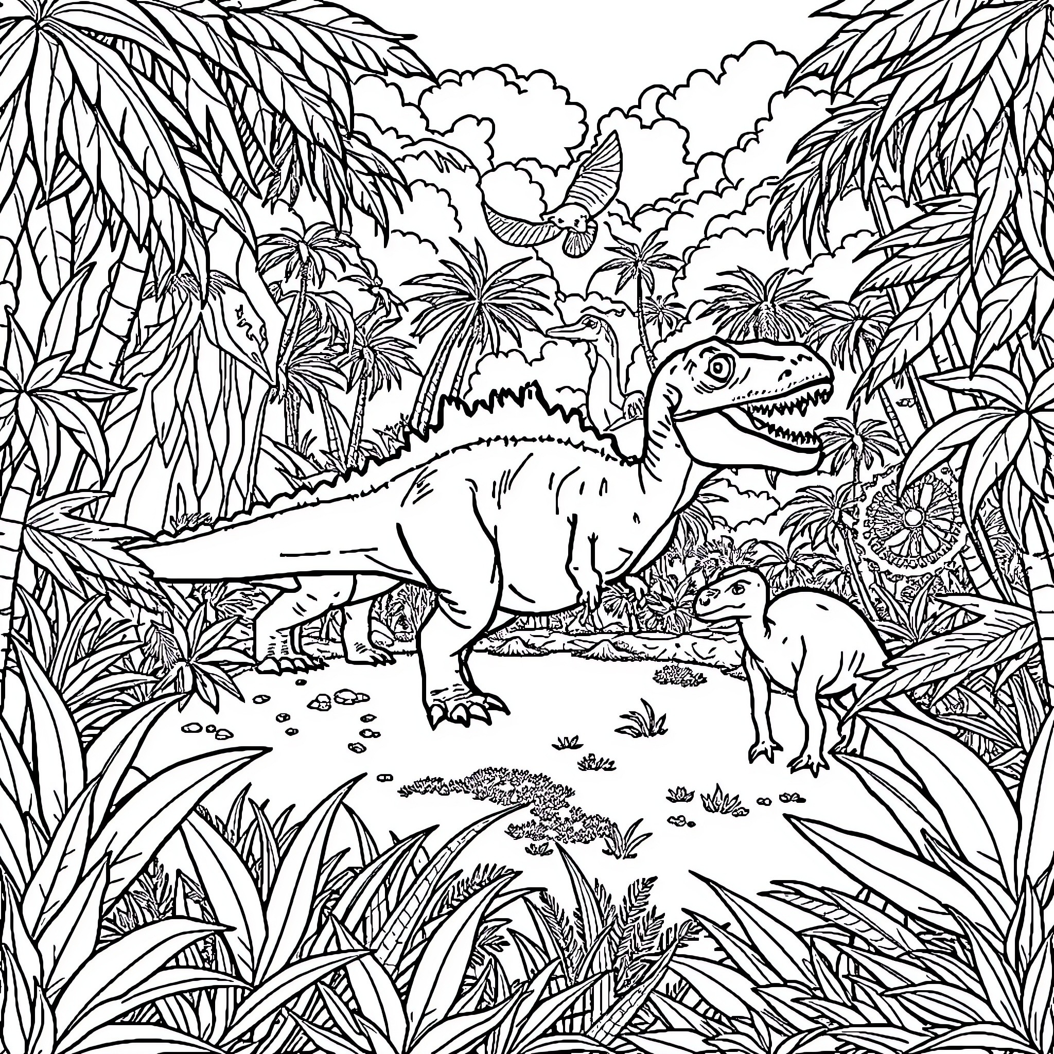 Dinosaurs in a Lush, Tropical Landscape Coloring Page (free black-and-white line drawing printable PDF for all, from beginners to advanced learners, including children, teens, adults, and seniors)