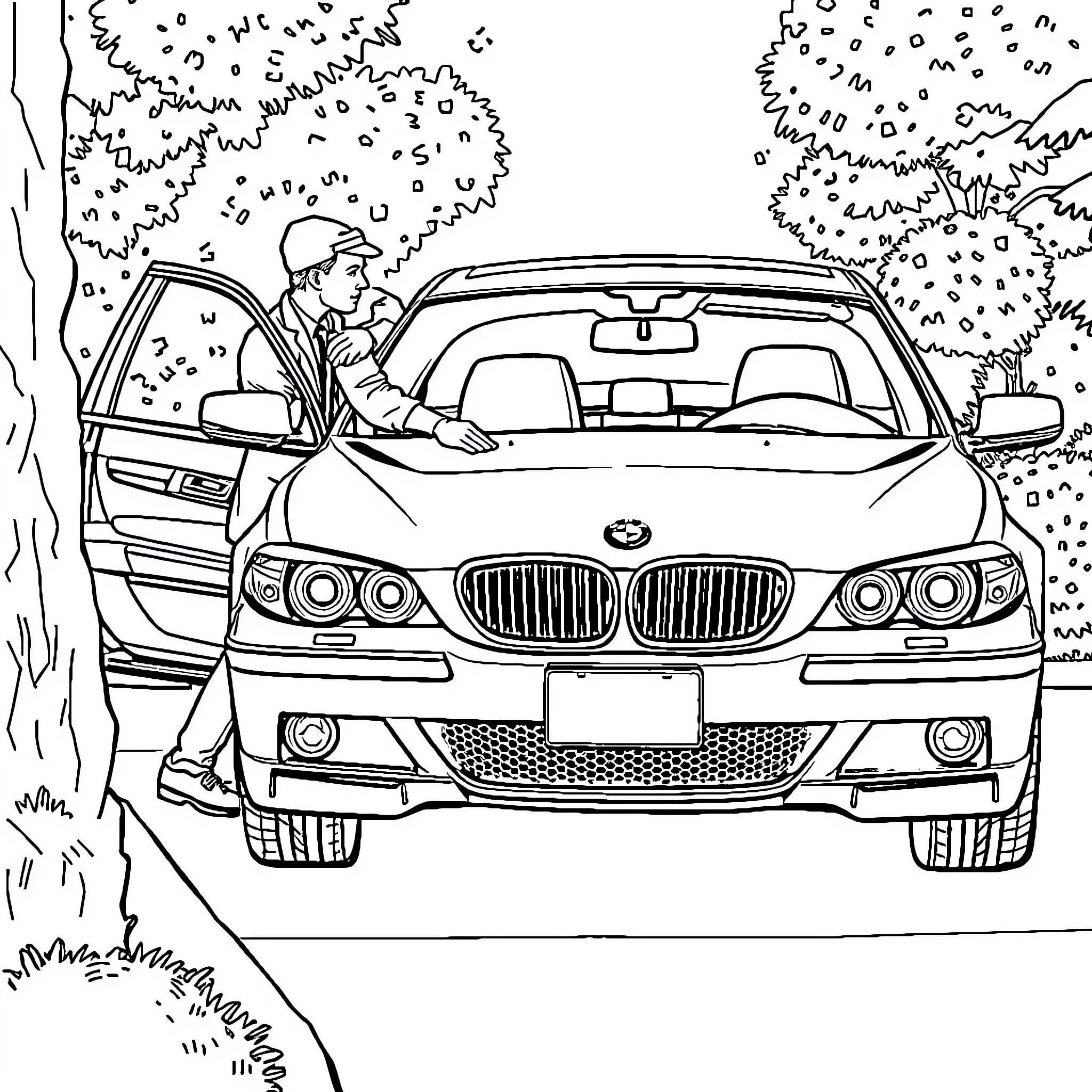 Man operating car on a country road Coloring Page (free black-and-white line drawing printable PDF for all, from beginners to advanced learners, including children, teens, adults, and seniors)