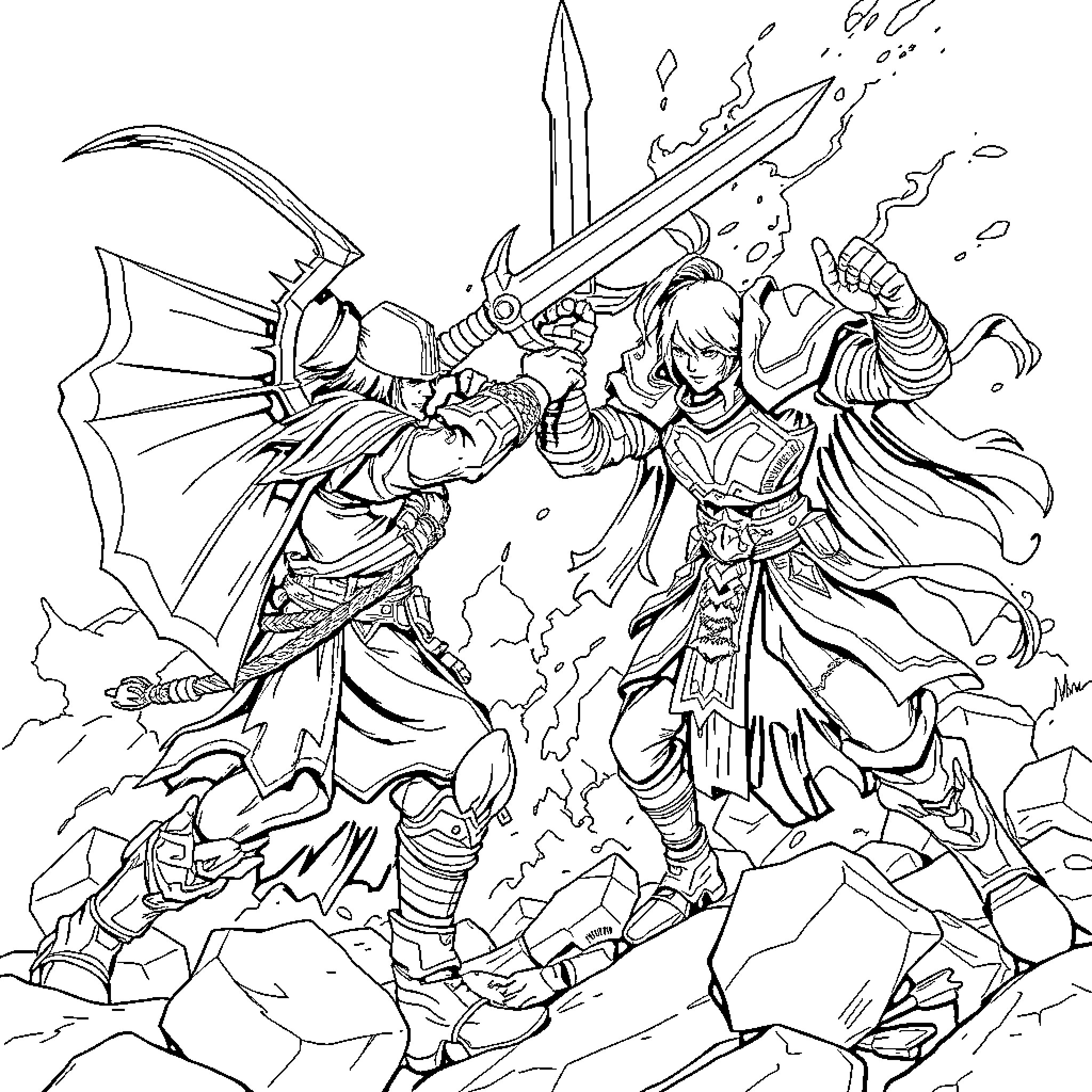 Commander Zilyana's epic battle against foes Coloring Page (free black-and-white line drawing printable PDF for all, from beginners to advanced learners, including children, teens, adults, and seniors)