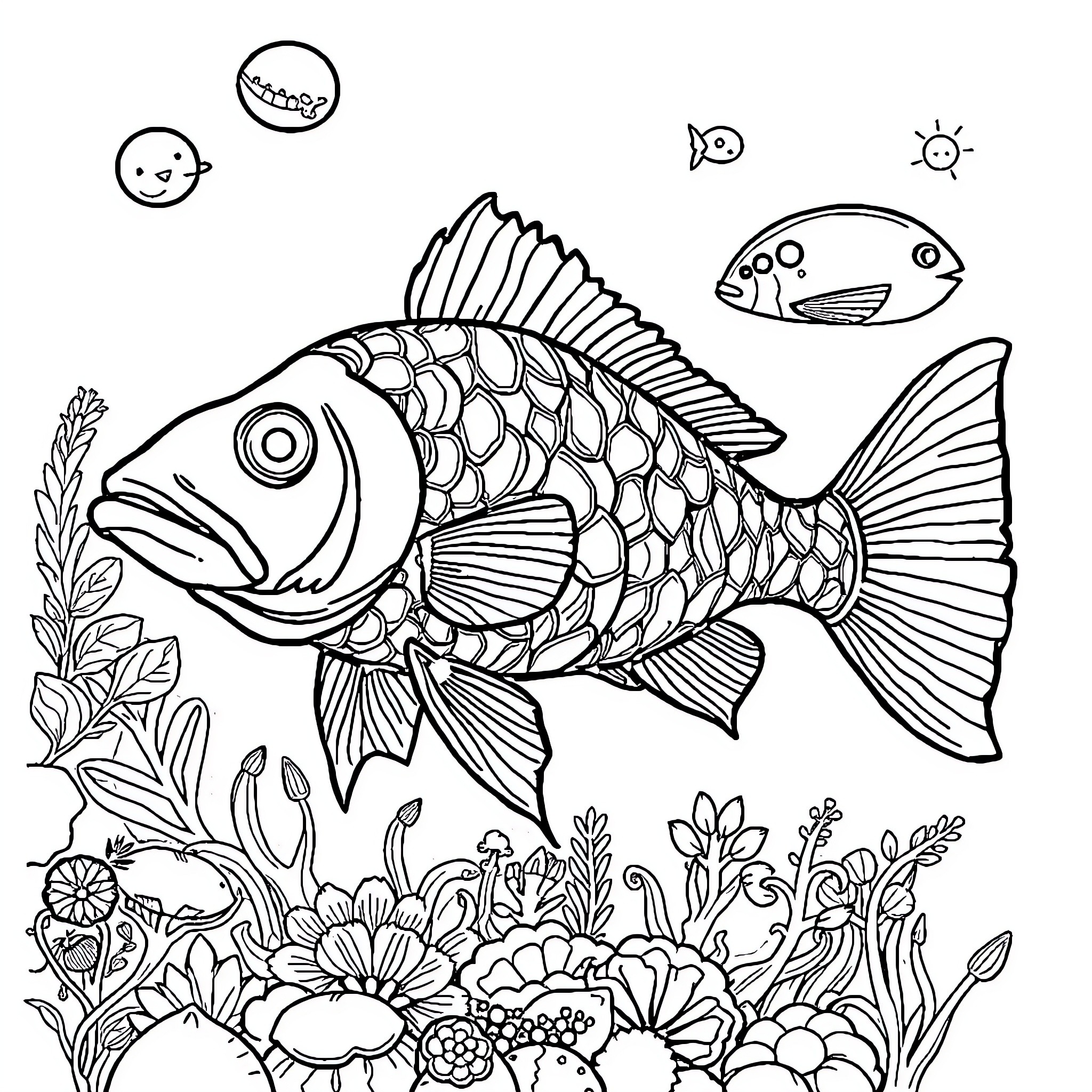 Fish swimming through vibrant underwater garden Coloring Page (free black-and-white line drawing printable PDF for all, from beginners to advanced learners, including children, teens, adults, and seniors)