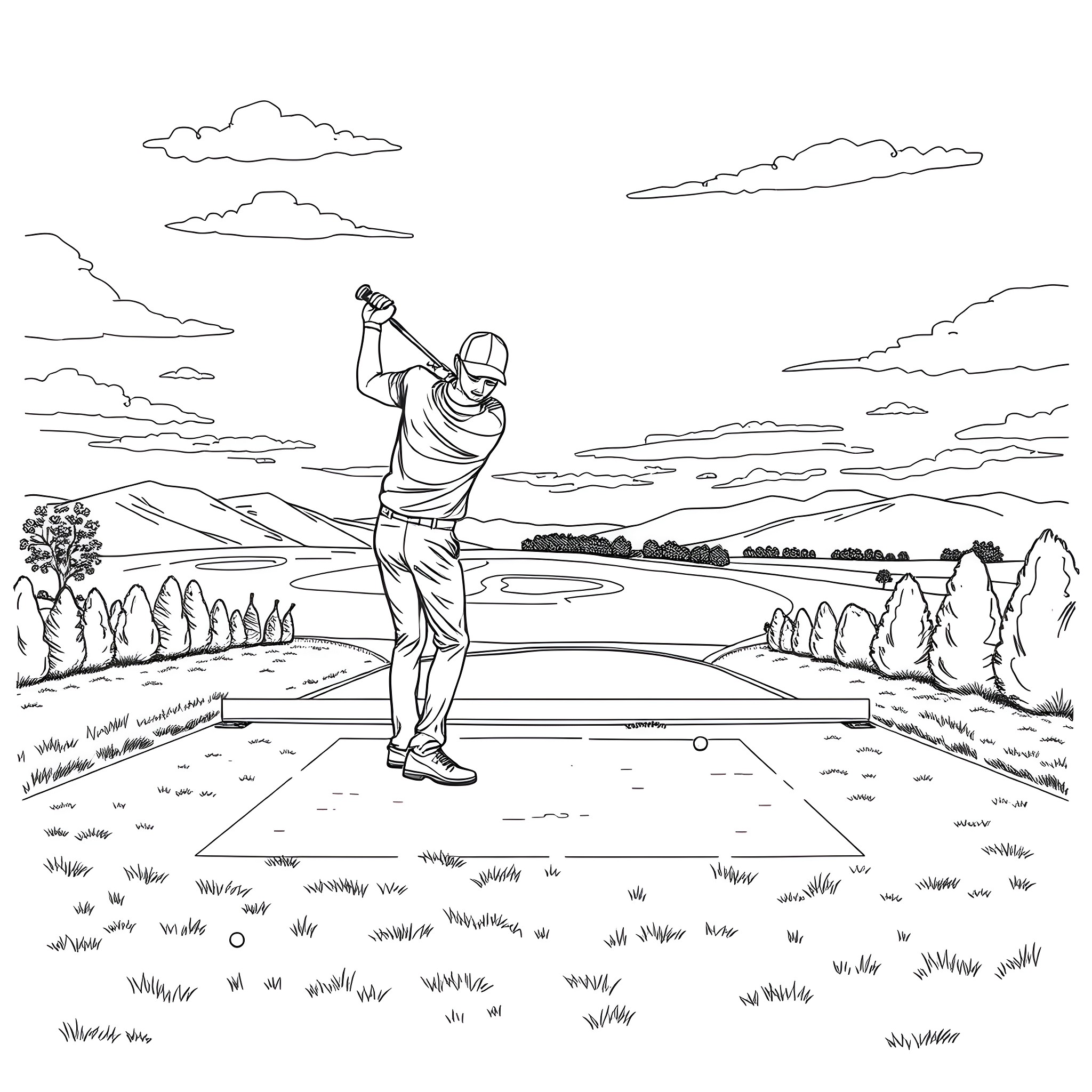 Golfer taking a swing on the course Coloring Page (free black-and-white line drawing printable PDF for all, from beginners to advanced learners, including children, teens, adults, and seniors)