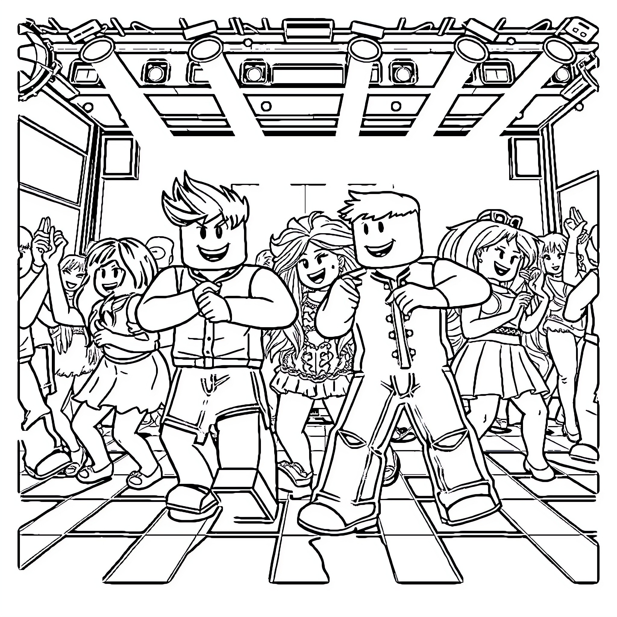 Roblox characters enjoying a lively party scene Coloring Page (free black-and-white line drawing printable PDF for all, from beginners to advanced learners, including children, teens, adults, and seniors)