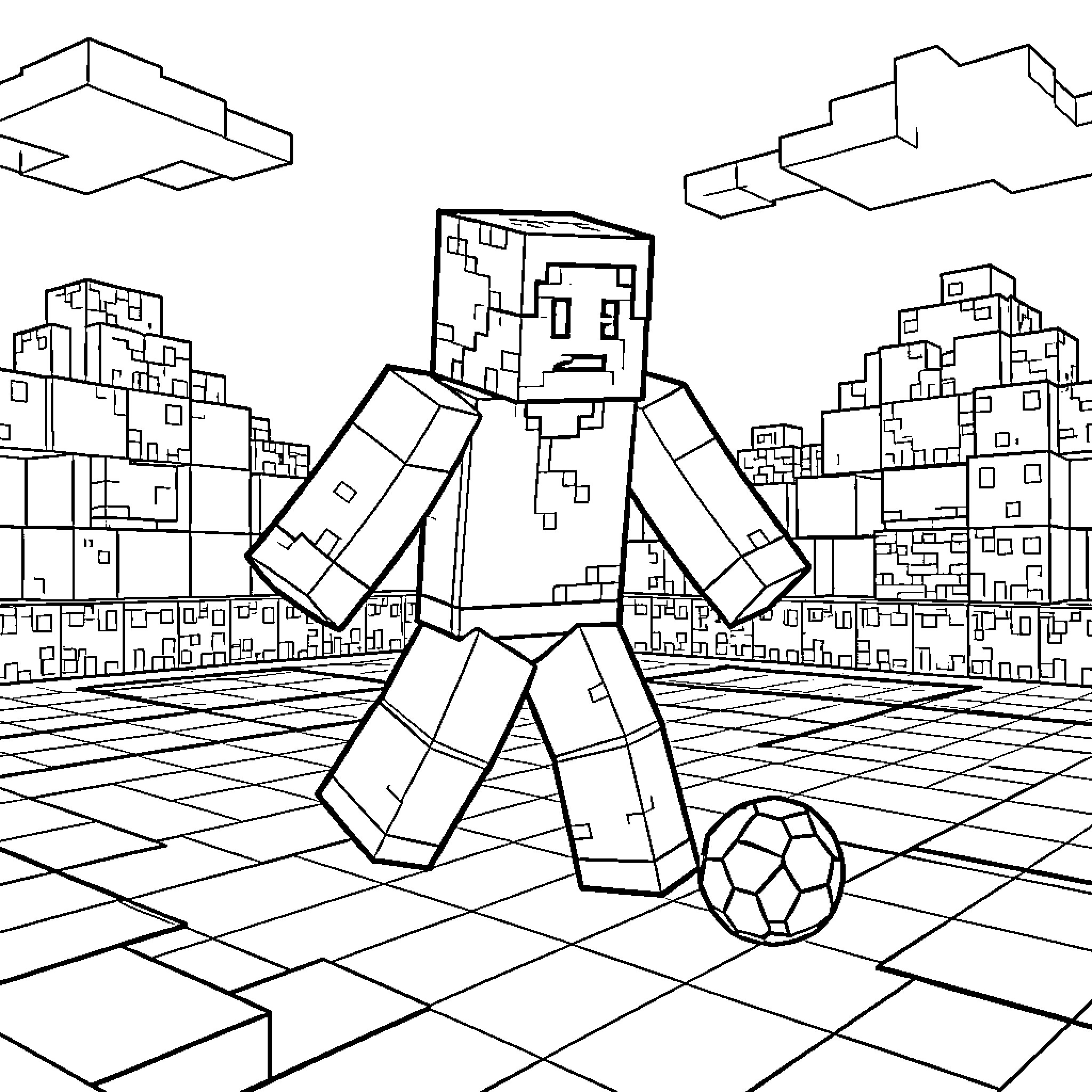 Minecraft character playing soccer in a blocky field Coloring Page (free black-and-white line drawing printable PDF for all, from beginners to advanced learners, including children, teens, adults, and seniors)