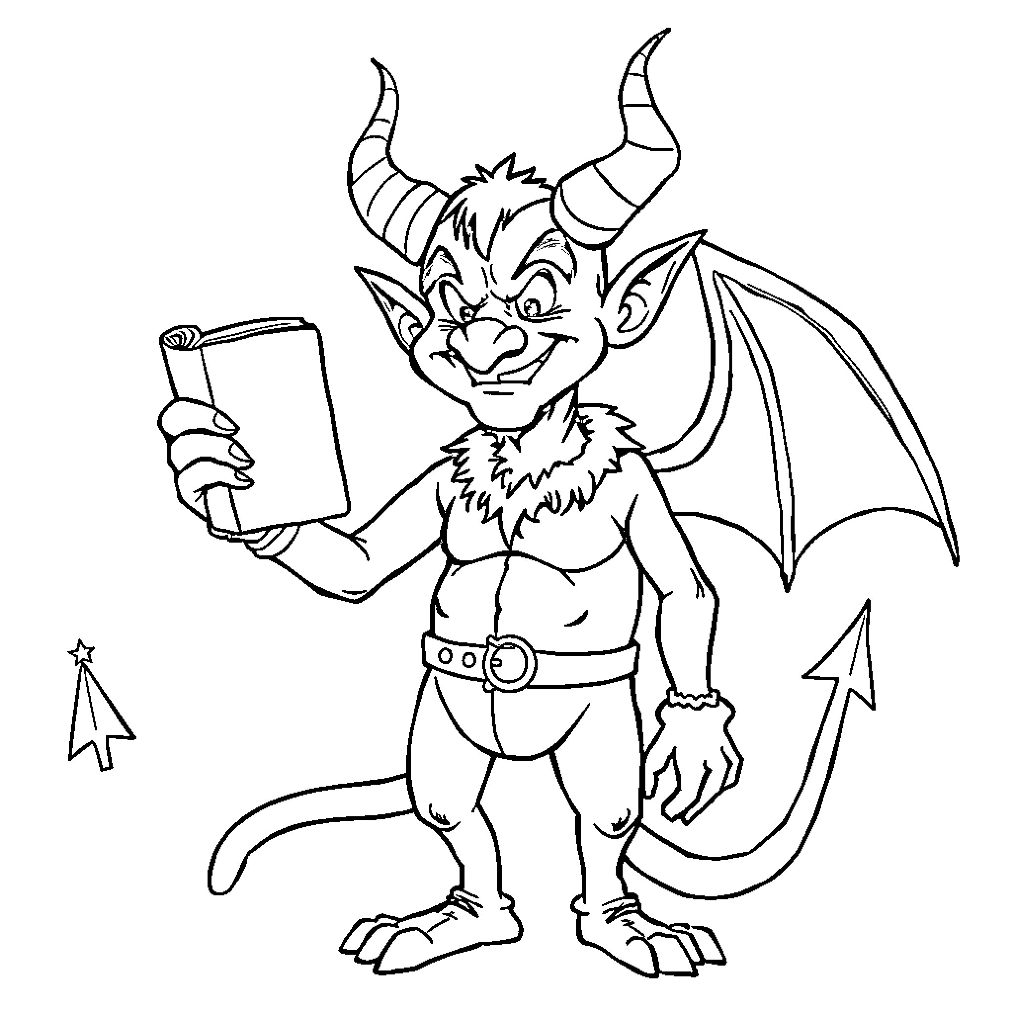 Devil-like Creature Taking a Selfie Coloring Page (free black-and-white line drawing printable PDF for all, from beginners to advanced learners, including children, teens, adults, and seniors)