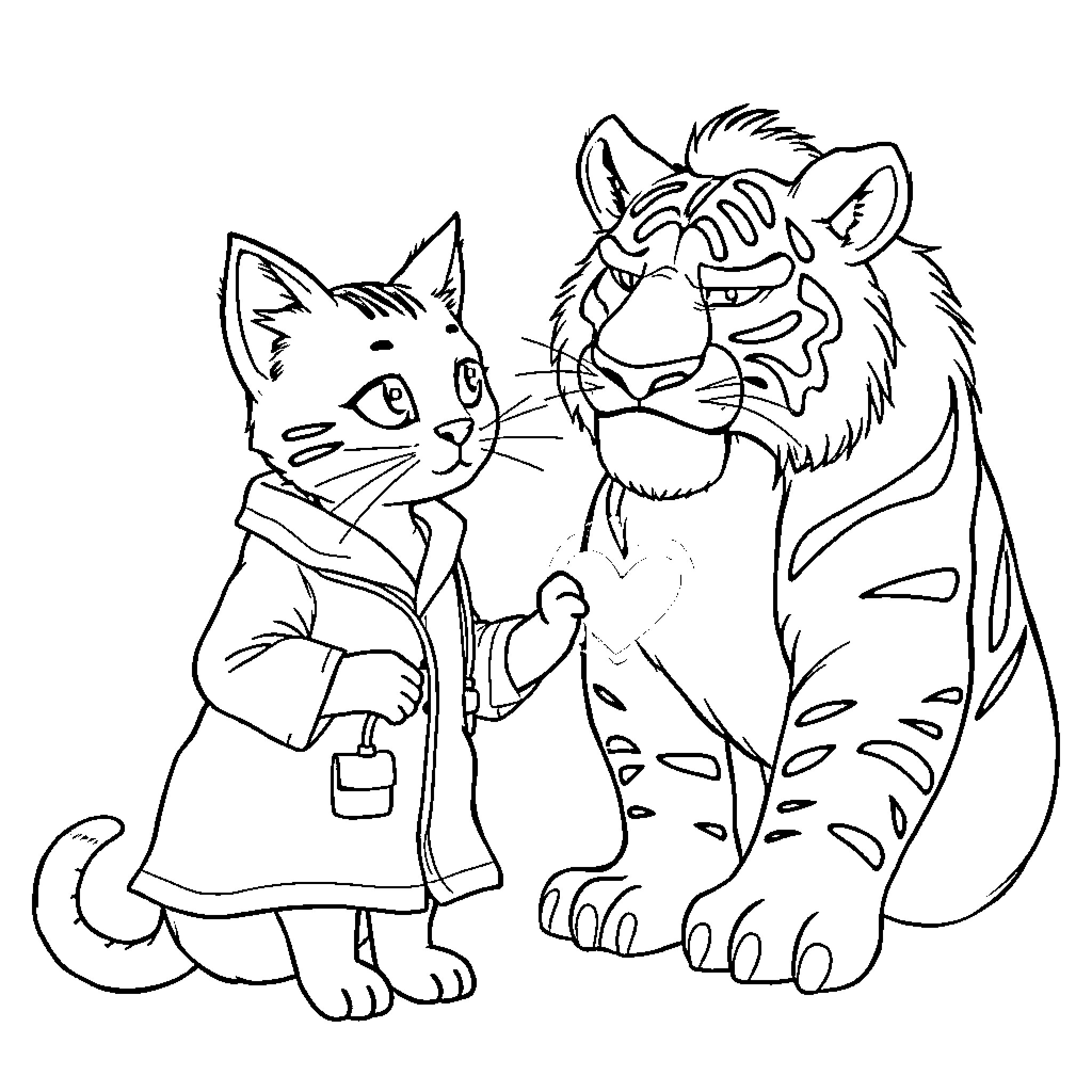 Gato and Tiger Sharing Friendly Moment Coloring Page (free black-and-white line drawing printable PDF for all, from beginners to advanced learners, including children, teens, adults, and seniors)