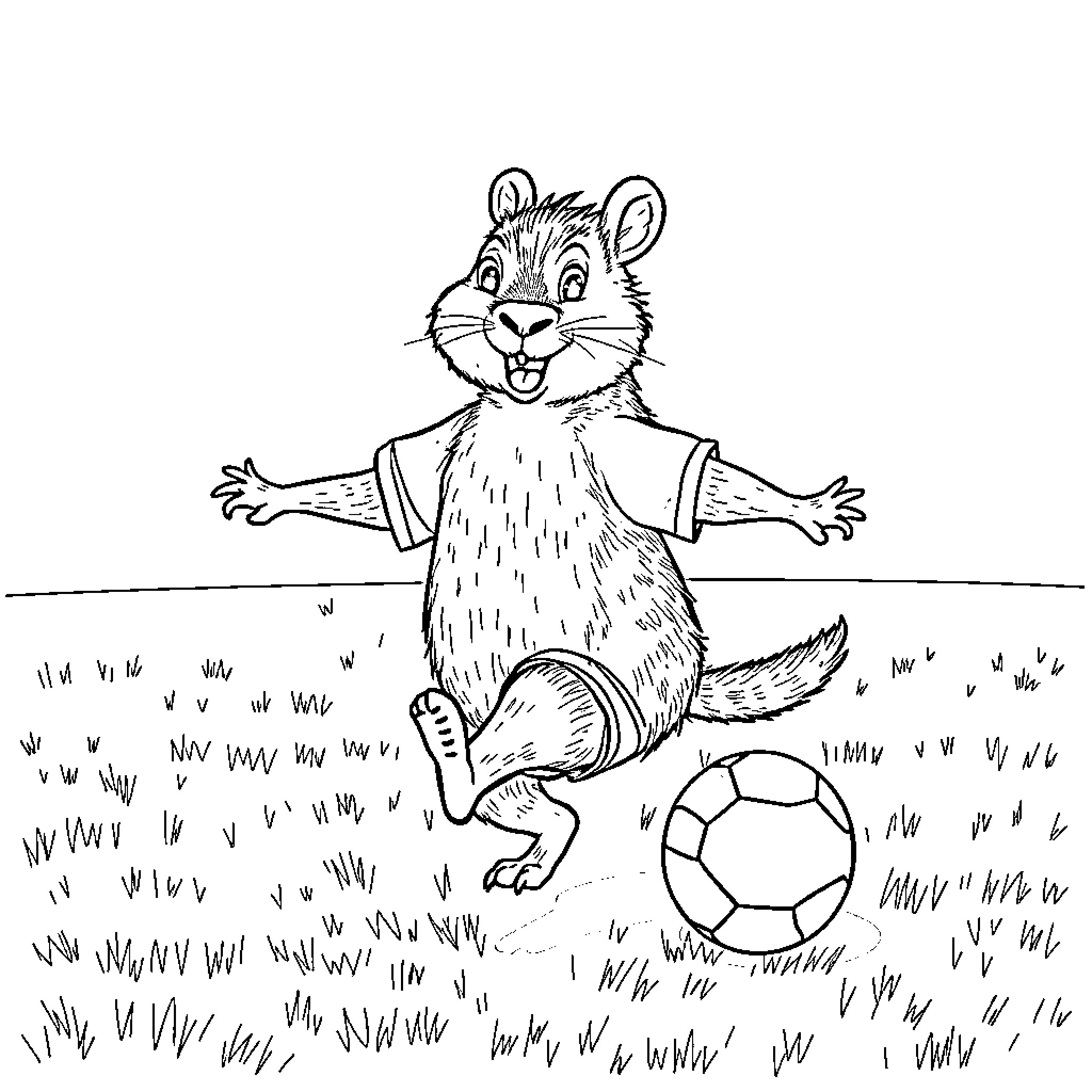 Capybara playing with soccer ball in the field Coloring Page (free black-and-white line drawing printable PDF for all, from beginners to advanced learners, including children, teens, adults, and seniors)