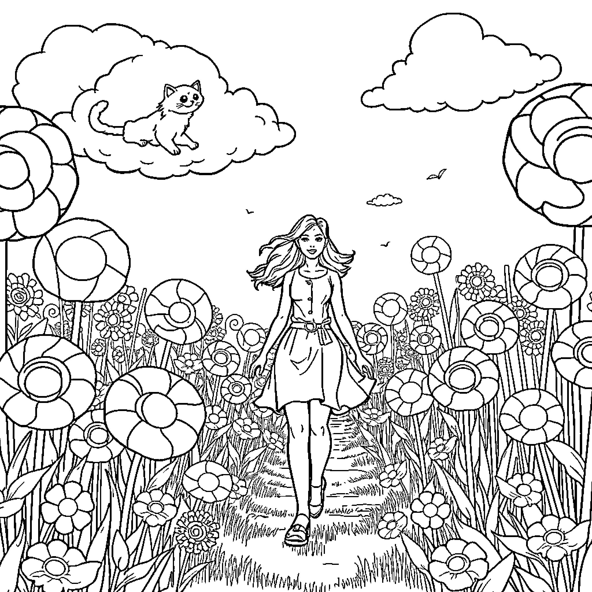 Lady walking through a flower-filled meadow Coloring Page (free black-and-white line drawing printable PDF for all, from beginners to advanced learners, including children, teens, adults, and seniors)