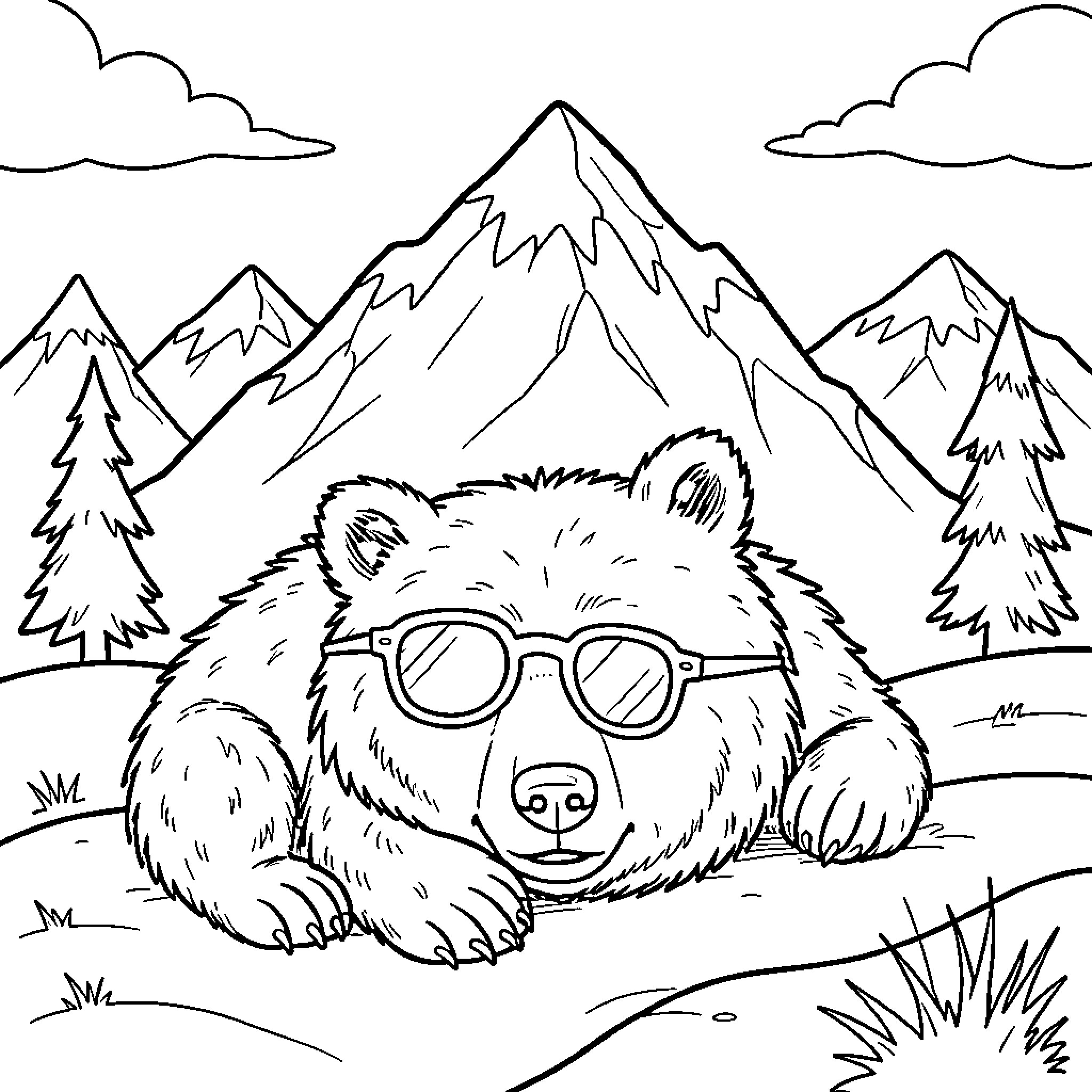 Oso de Anteojos relaxing in the mountains Coloring Page (free black-and-white line drawing printable PDF for all, from beginners to advanced learners, including children, teens, adults, and seniors)