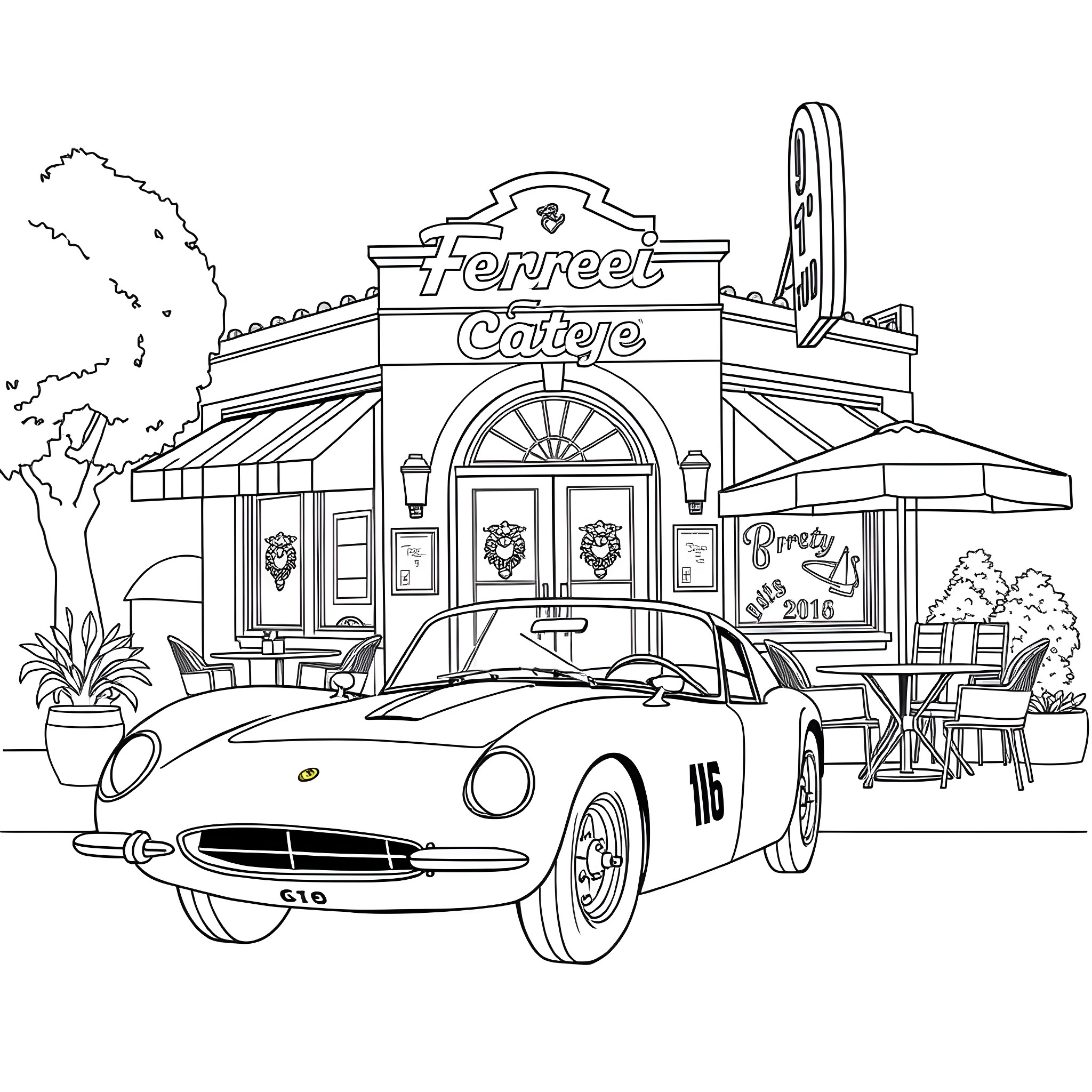 Ferrari racing car at the Terreet Cattye cafe Coloring Page (free black-and-white line drawing printable PDF for all, from beginners to advanced learners, including children, teens, adults, and seniors)