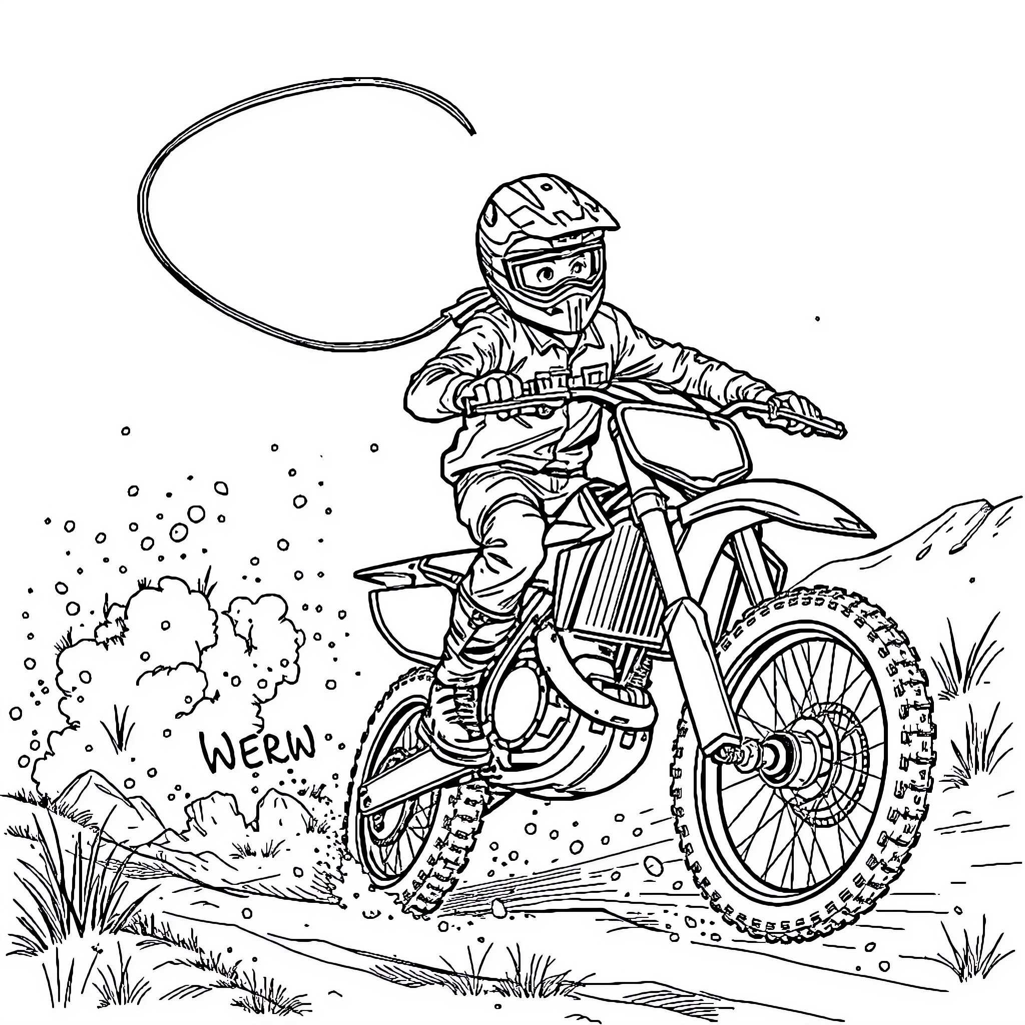 Boy riding dirt bike through rugged terrain Coloring Page (free black-and-white line drawing printable PDF for all, from beginners to advanced learners, including children, teens, adults, and seniors)