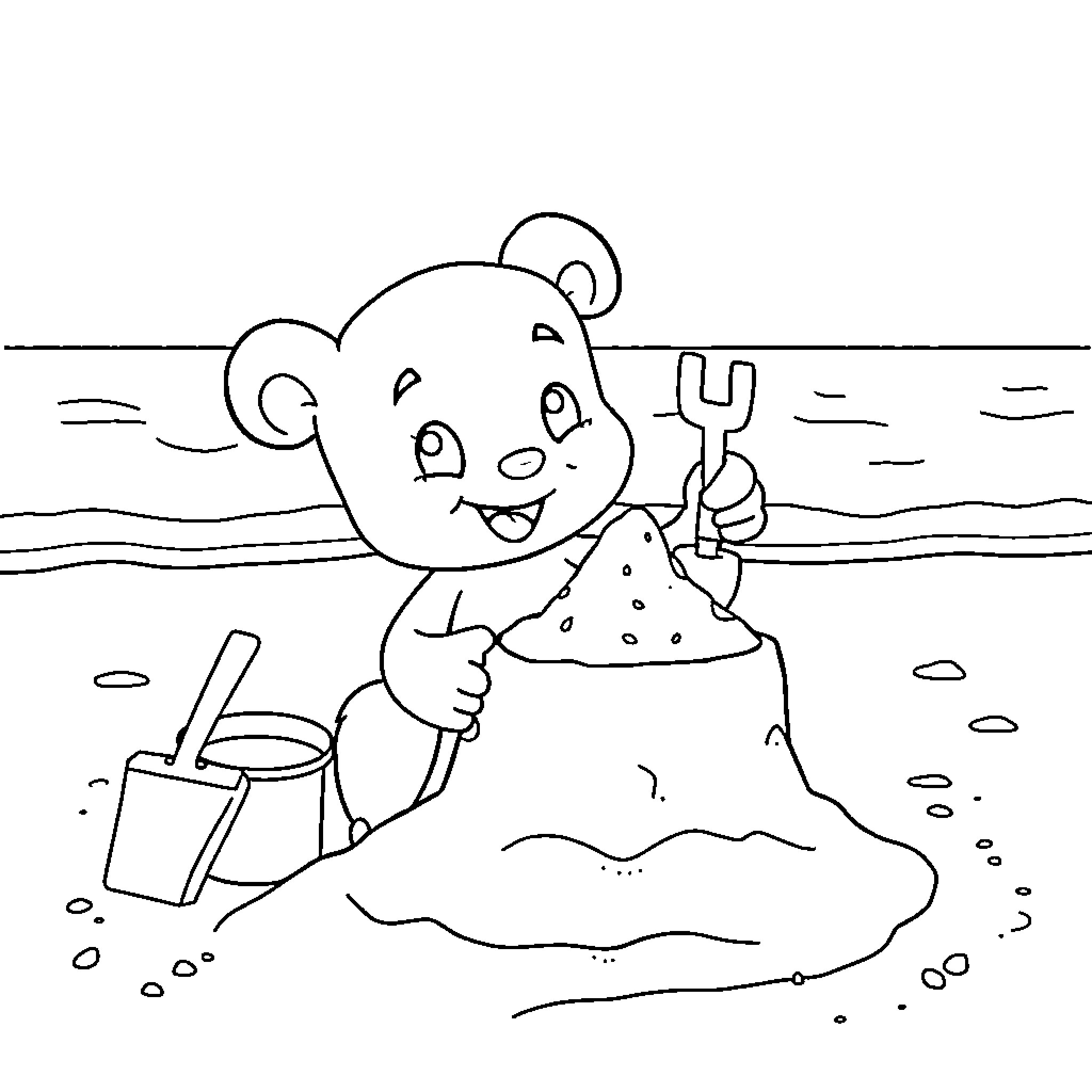 Bluey building a sandcastle at the beach Coloring Page (free black-and-white line drawing printable PDF for all, from beginners to advanced learners, including children, teens, adults, and seniors)