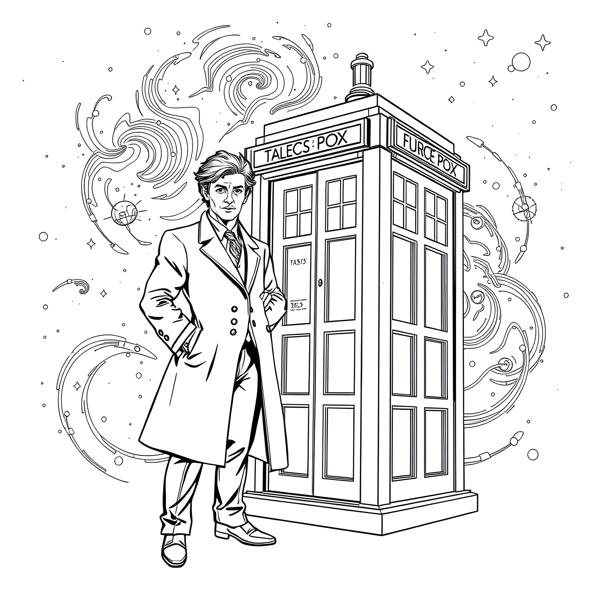 Doctor Investigating a Strange Police Box in Space Coloring Page (free black-and-white line drawing printable PDF for all, from beginners to advanced learners, including children, teens, adults, and seniors)