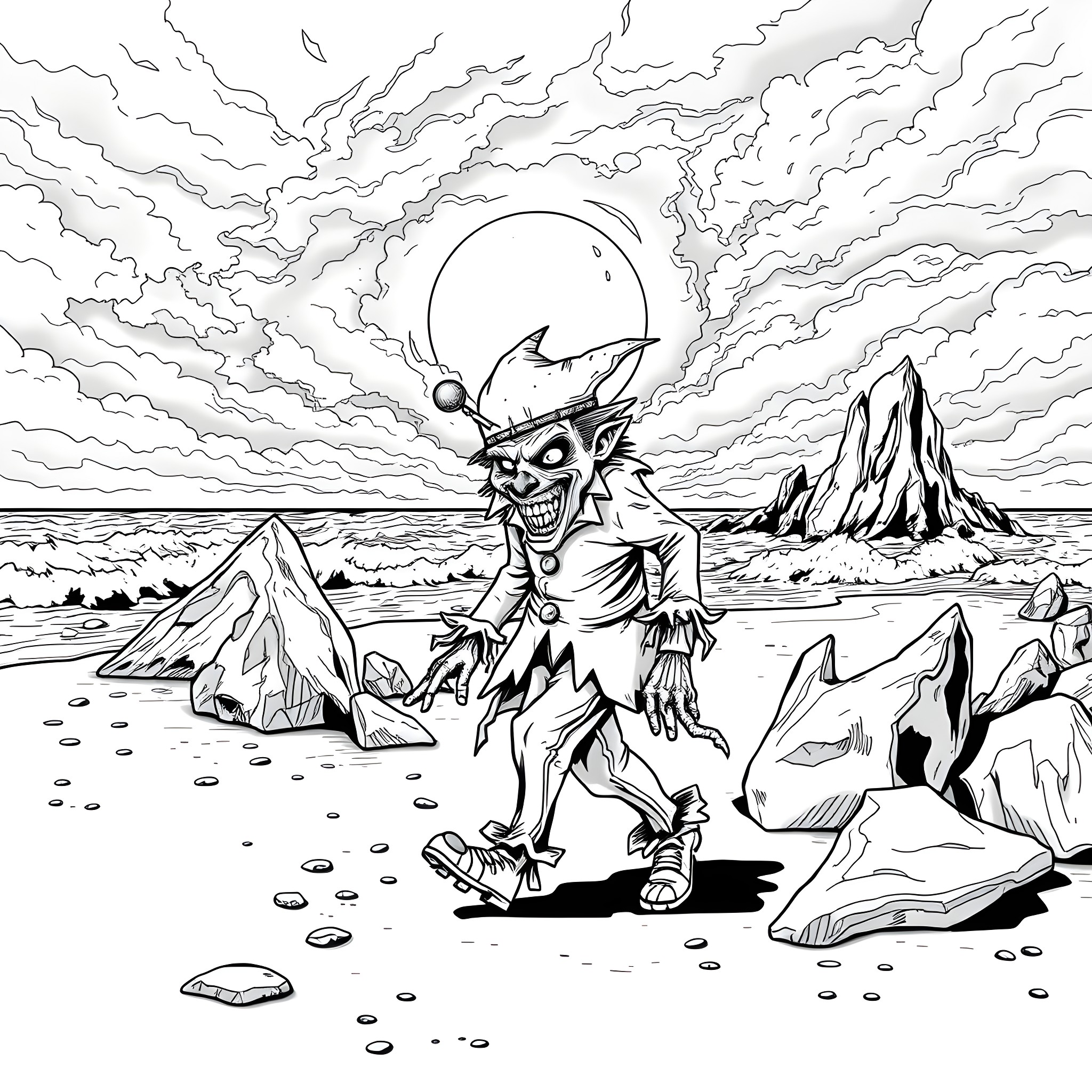 Zombie Clown Lurking in a Desolate Landscape Coloring Page (free black-and-white line drawing printable PDF for all, from beginners to advanced learners, including children, teens, adults, and seniors)