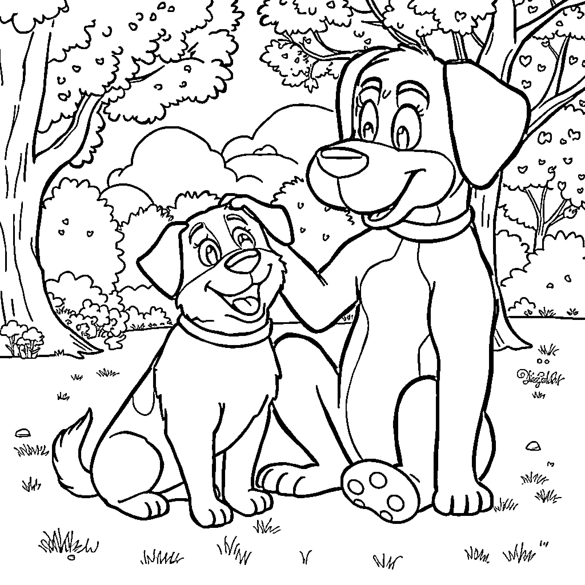 Harvey Danger: Playful Dogs in the Forest Coloring Page (free black-and-white line drawing printable PDF for all, from beginners to advanced learners, including children, teens, adults, and seniors)