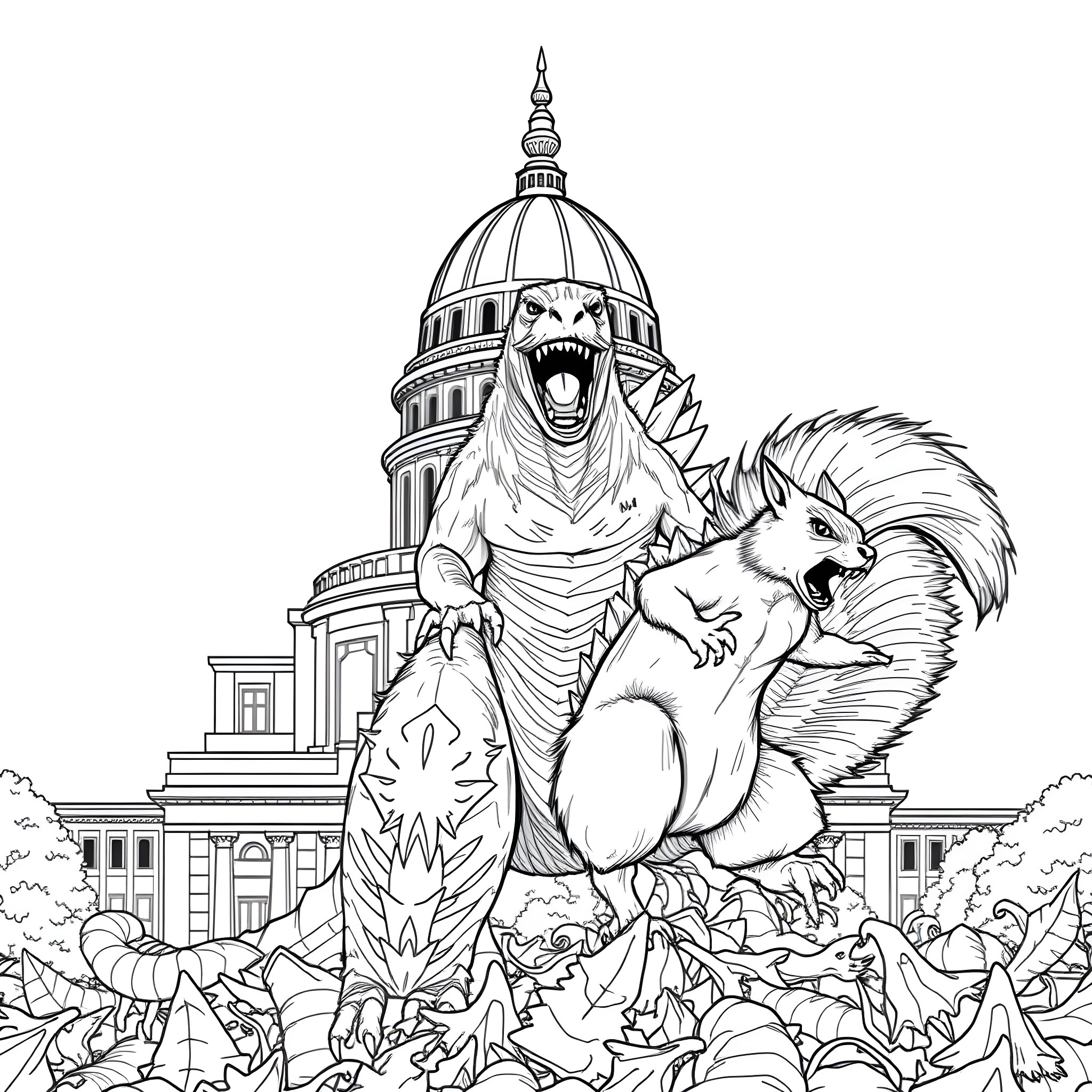 Godzilla versus mighty squirrel at the Capitol Coloring Page (free black-and-white line drawing printable PDF for all, from beginners to advanced learners, including children, teens, adults, and seniors)