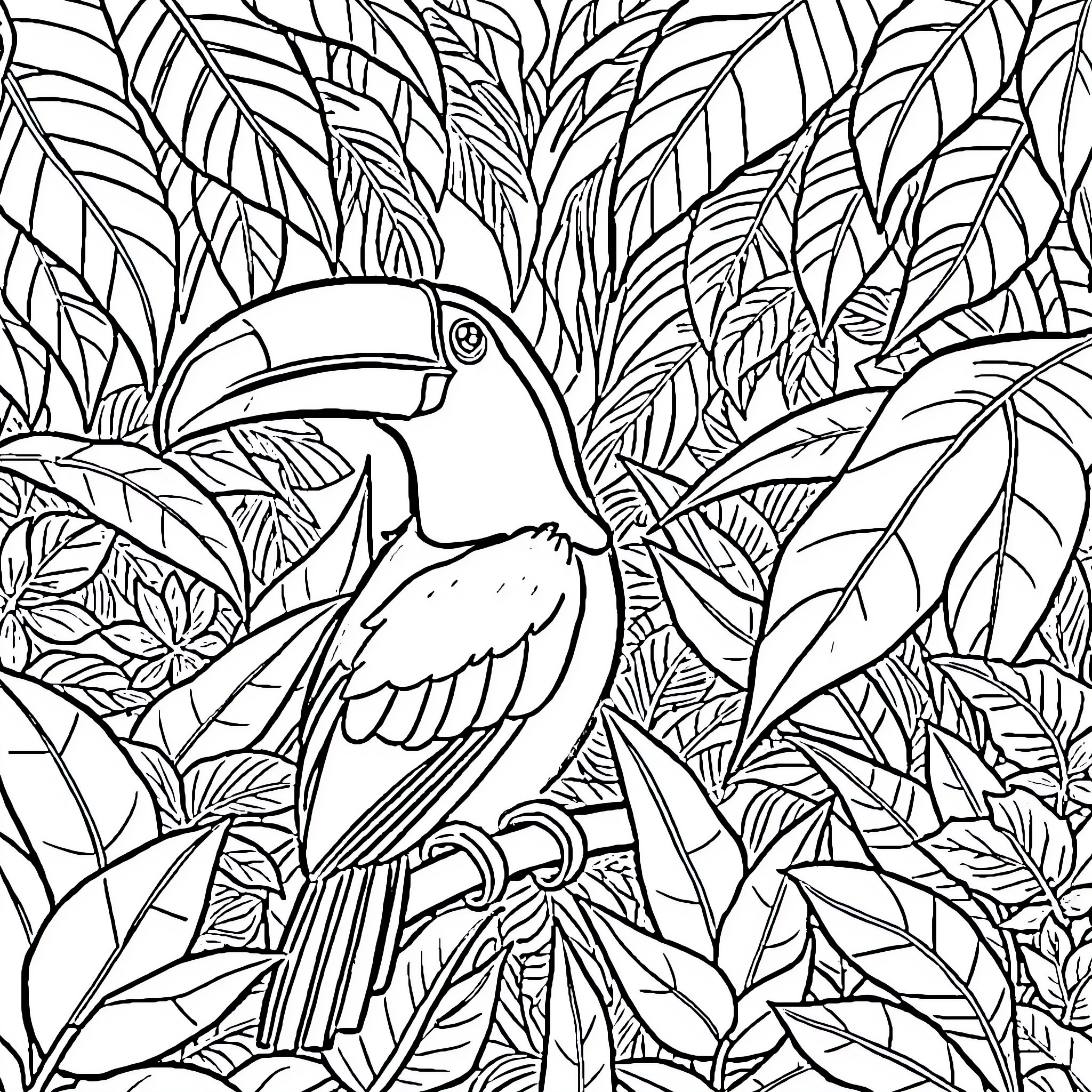 Vivo Toucan Among Tropical Foliage Coloring Page (free black-and-white line drawing printable PDF for all, from beginners to advanced learners, including children, teens, adults, and seniors)