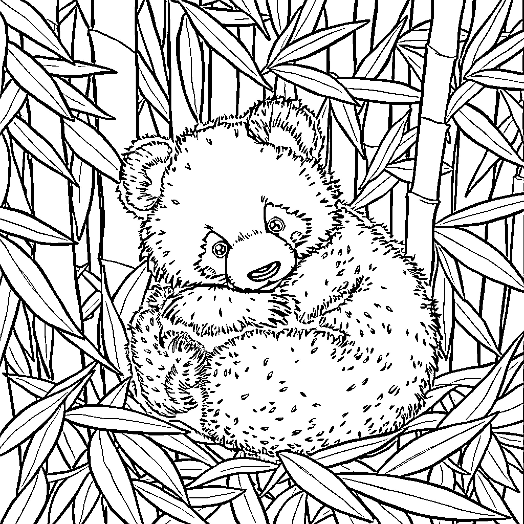 Panda Resting Amidst Bamboo Leaves Coloring Page (free black-and-white line drawing printable PDF for all, from beginners to advanced learners, including children, teens, adults, and seniors)