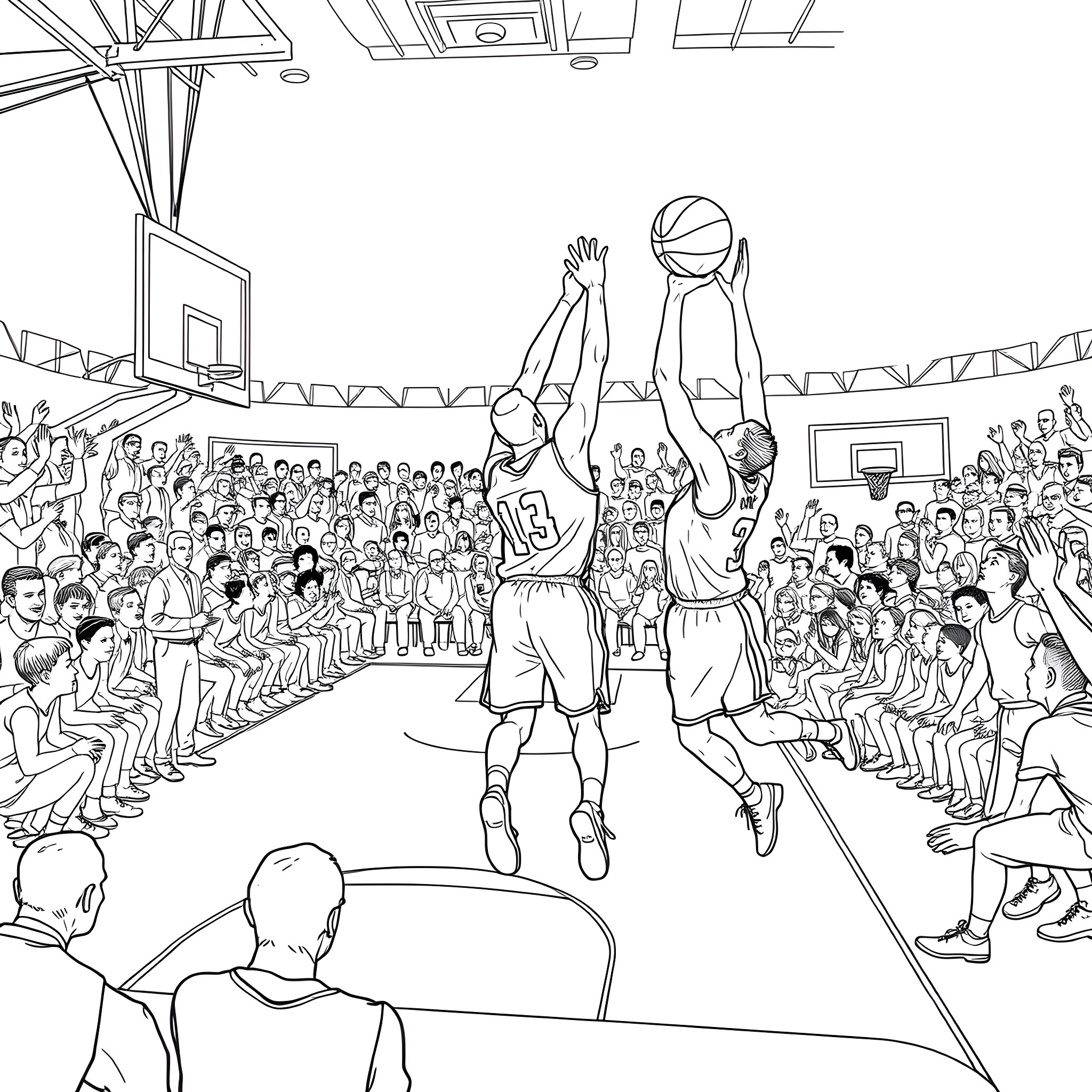 Basket of Basketball Players in Action on Court Coloring Page (free black-and-white line drawing printable PDF for all, from beginners to advanced learners, including children, teens, adults, and seniors)