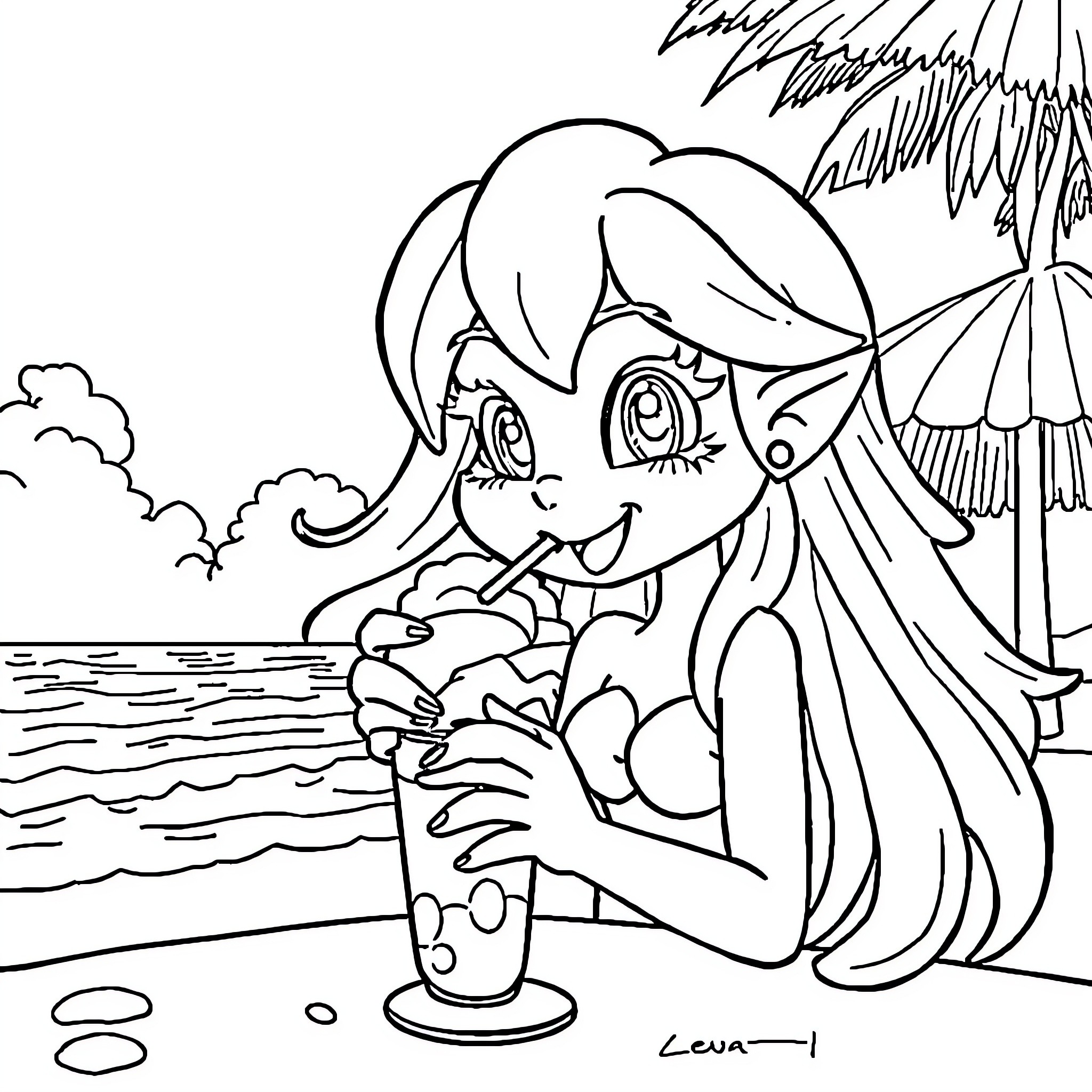 Anime Girl enjoying a refreshing drink on the beach Coloring Page (free black-and-white line drawing printable PDF for all, from beginners to advanced learners, including children, teens, adults, and seniors)