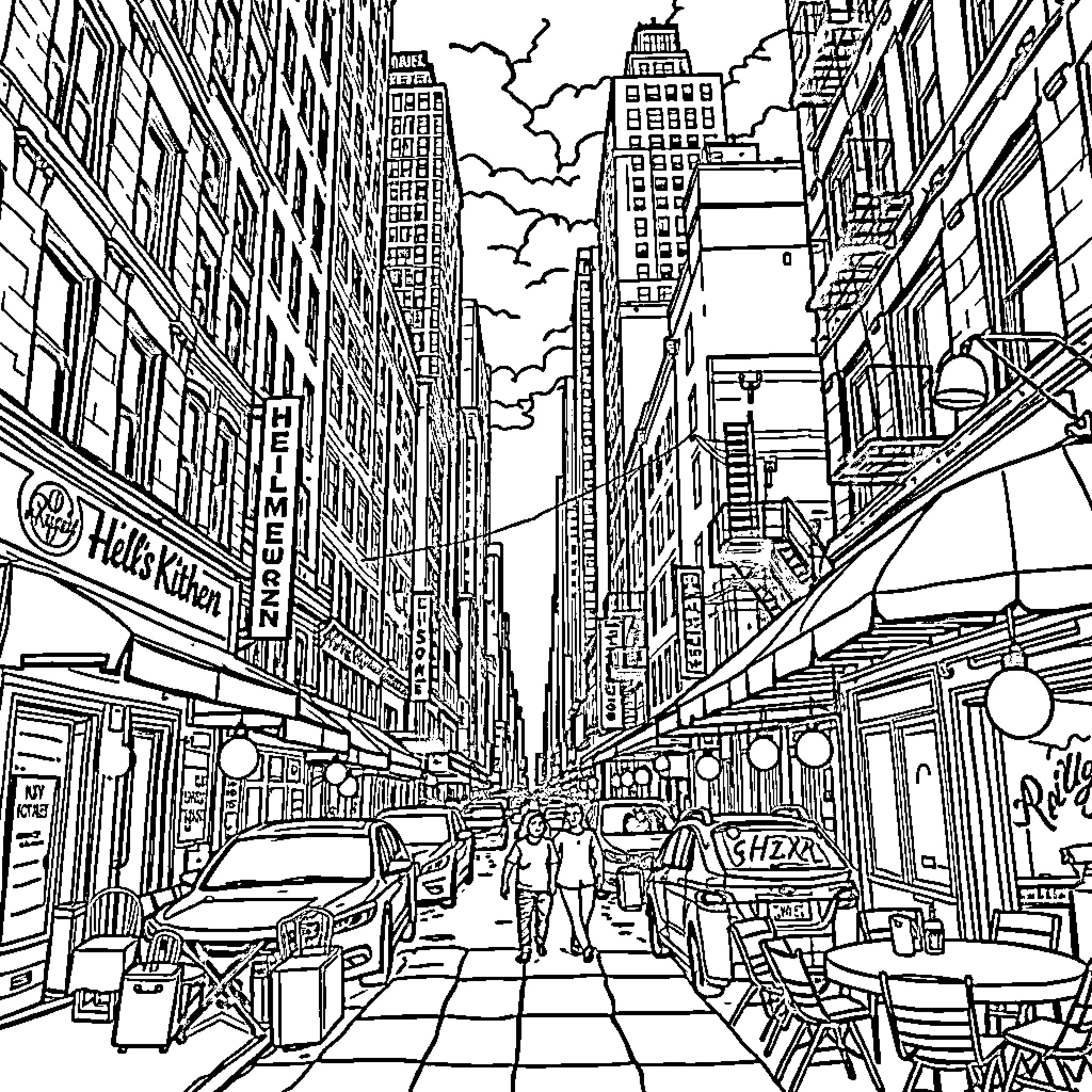Hell's Kitchen: Bustling Streets and City Skyscrapers Coloring Page (free black-and-white line drawing printable PDF for all, from beginners to advanced learners, including children, teens, adults, and seniors)