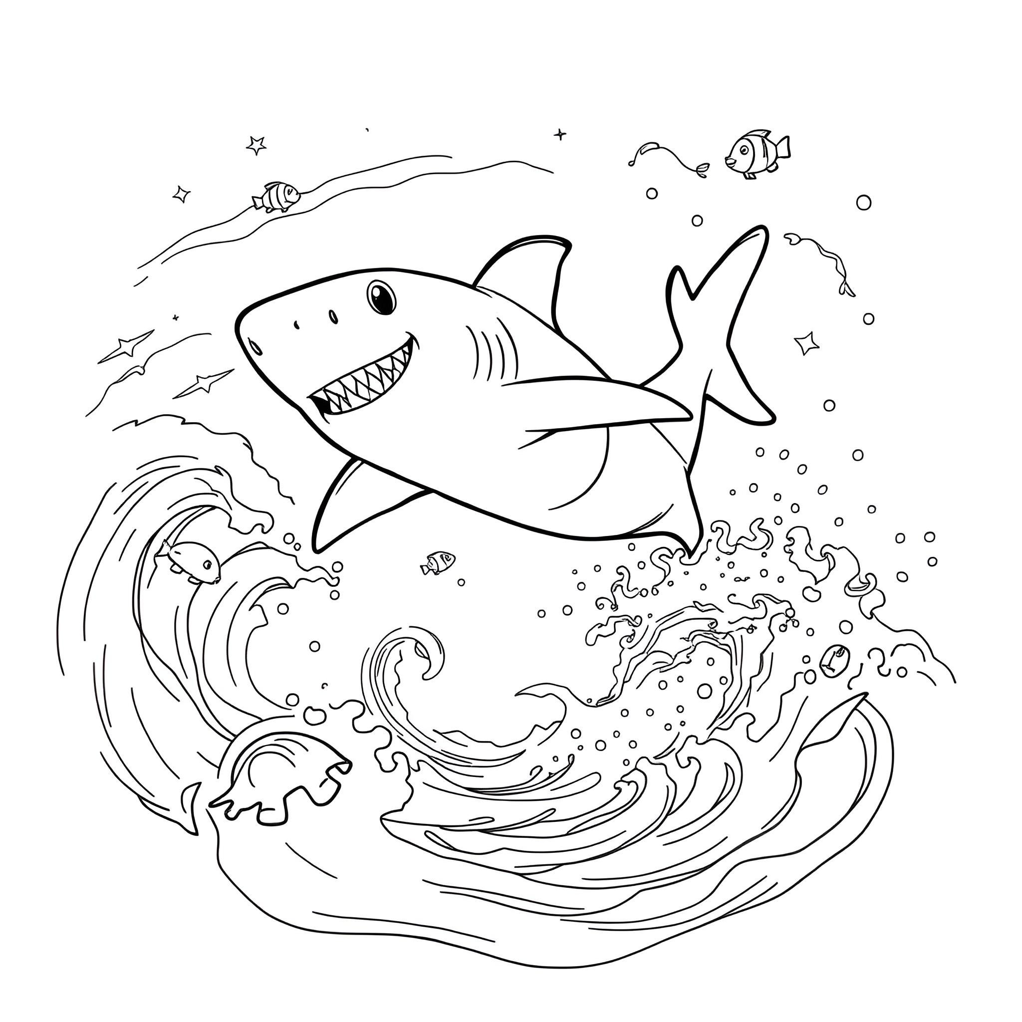 Baby Shark playing happily in the ocean Coloring Page (free black-and-white line drawing printable PDF for all, from beginners to advanced learners, including children, teens, adults, and seniors)
