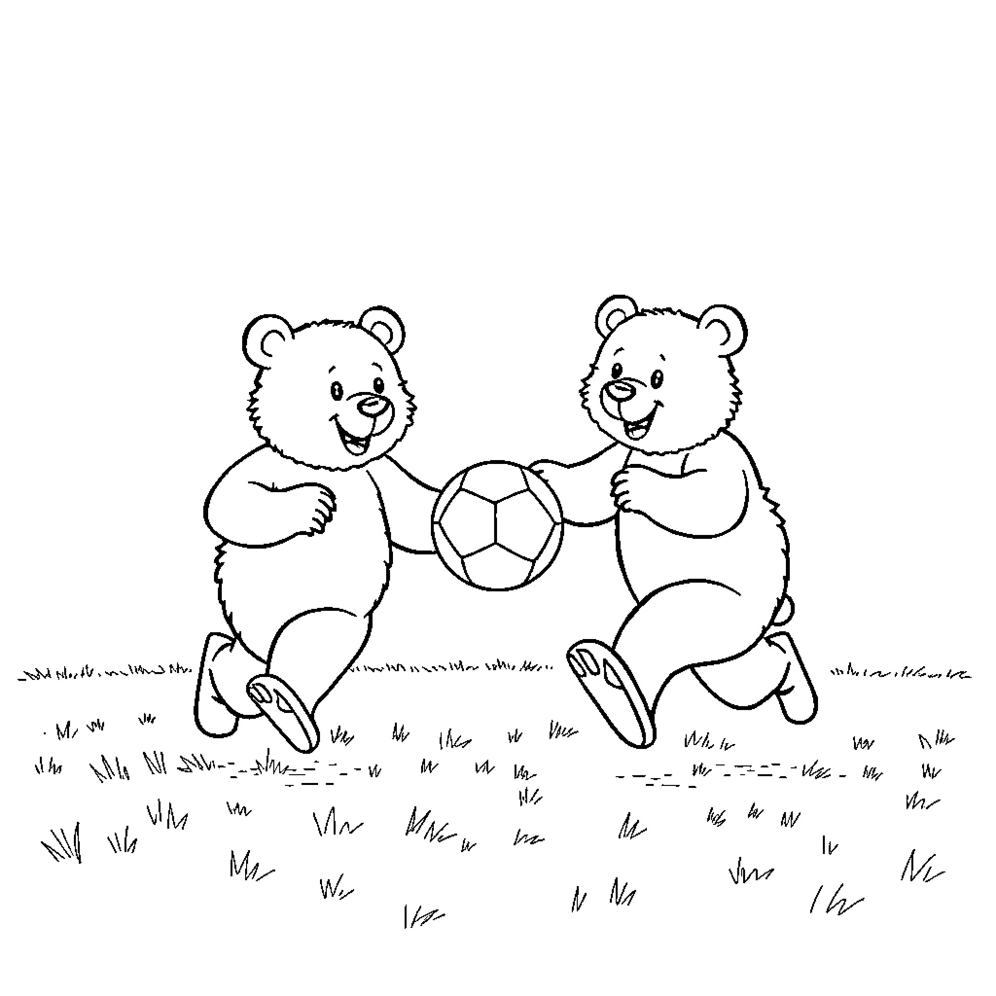 Bear friends playing with soccer ball Coloring Page (free black-and-white line drawing printable PDF for all, from beginners to advanced learners, including children, teens, adults, and seniors)