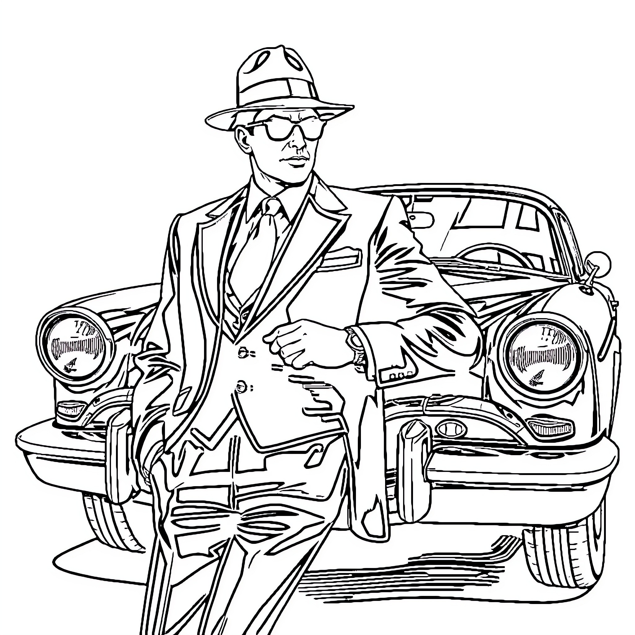 Gangster in sharp suit and hat posing next to classic car Coloring Page (free black-and-white line drawing printable PDF for all, from beginners to advanced learners, including children, teens, adults, and seniors)